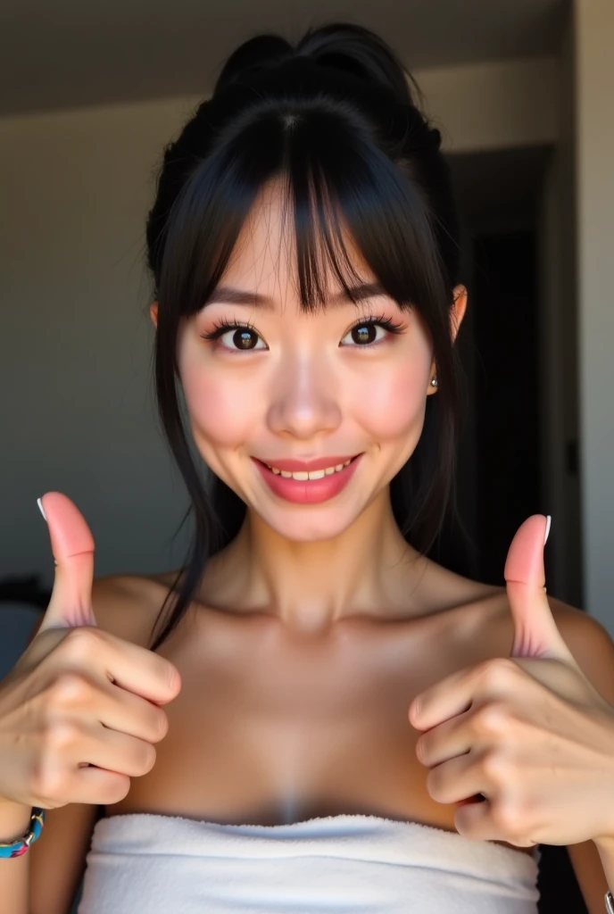 japanese gravure idol,cute-fine -face,adult,black hair,tareme,cum on face,bukkake on face,naughty smile,wink,open mouth,look up to viewer,woman kneeling on floor,from above,at toilet,(face focus),close up