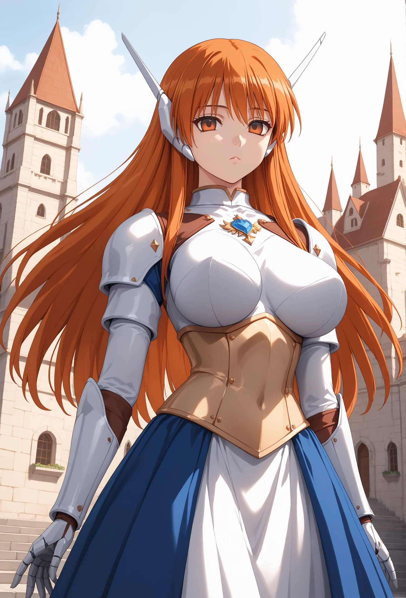 ((masterpiece)), ((high quality)), ((super detailed)), ((high resolution)) ,((8k)), a beautiful woman, ((She is one of the most famous female holy knight)), unparalleled beauty, ((huge breast)), ((large ass)), ((deep cleavage)), slim waist, chest out, ultra detailed face, perfect skin, (((long orange straight hair))), red eyes, detailed eyes, whole body image, (((anime))), ((glamorous)), 21 years old, ((incredibly beautiful woman)), ((The I cup bust)), ((((Light Armor)))), ((beautiful breasts)), beautiful legs, 8 life size, anime, the most beautiful and strongest, ((charm)), ((Grown-up face)), ((Perfect fingers)), ((Bewitching)), ((A young heroine)), ((((from below)))), GAL,