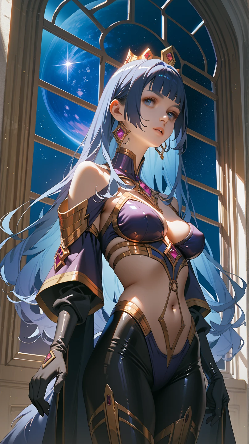 (masterpiece), best quality, expressive eyes, perfect face, Girl,long dark iridescent hair, iridescent eyes, small waist, small breast , large thighs,majestic outfit, majestic aura
