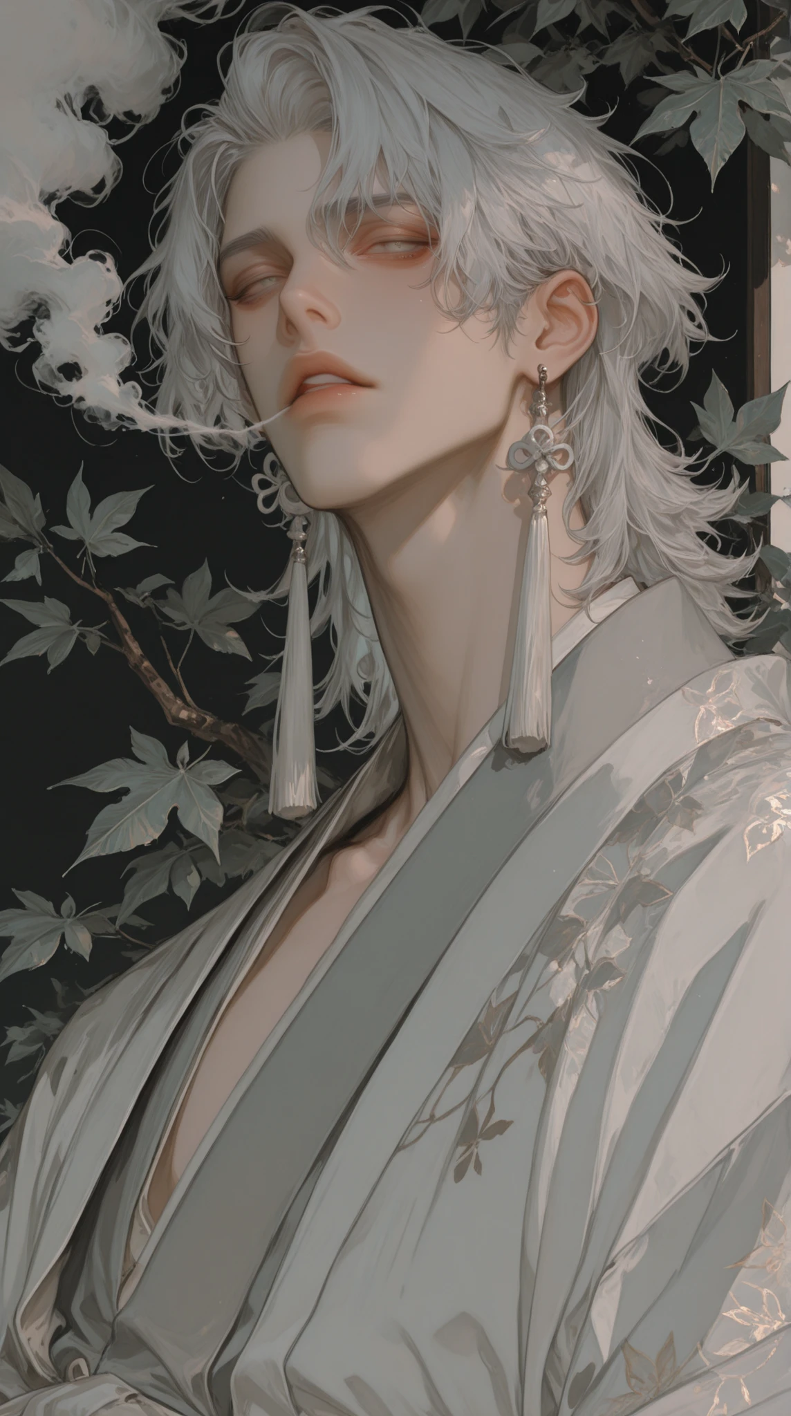 jewelry, 1boy, earrings, solo, male_focus, white_hair, white_eyes, looking_at_viewer, tassel_earrings, upper_body, parted_lips, japanese_clothes, tassel, grey_eyes, medium_hair, bangs, leaf, kimono, smoke, handsome male