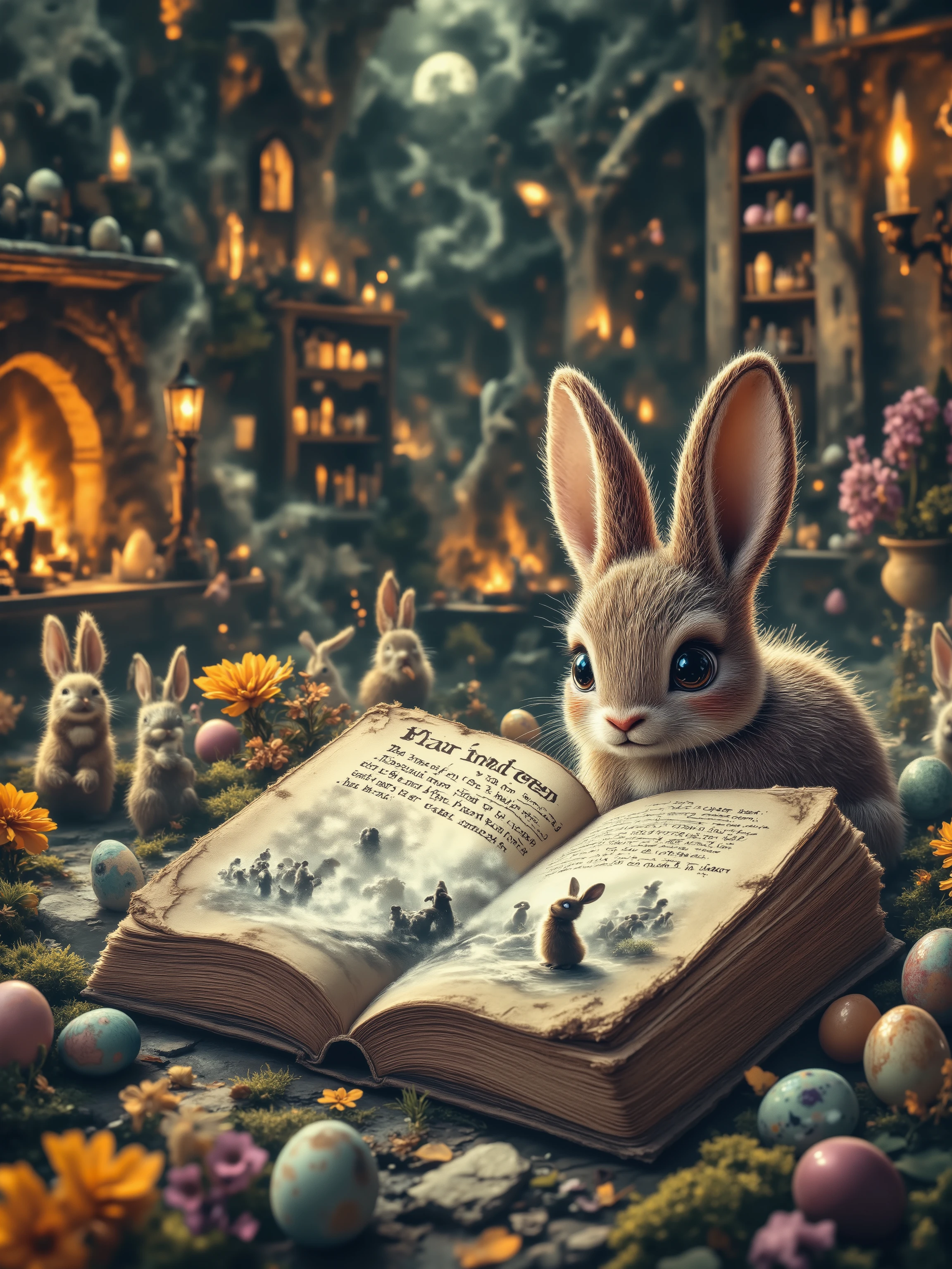 Picture of an ancient huge open book with pages turning over, The easter bunny is reading the book turning the pages, spectator is looking over the bunny´s shoulder while he is looking at the open book, pages come to life, showing the story of the easter bunny coming out of a cracked egg, easter eggs hidden all around the picture, happy picture, extremly detailed picture, fairytale like atmosphere, the book is on a table, around the table are other other woodland creatures listening to the story told, highly dynamic lighting, Epic light from above focussing on the book, In the background are bunnies at work to pack eggs for the coming event