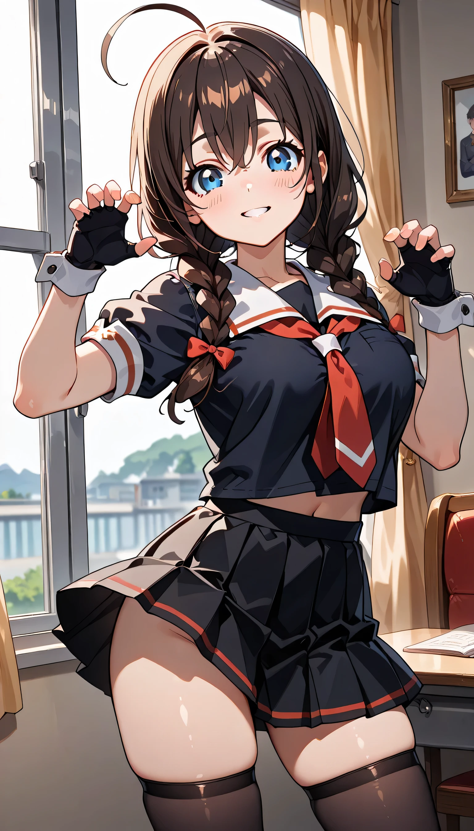 ((ultra-detailed)), (highly detailed CG illustration), (best quality:1.2), ultra-highly detailed, colorful composition, artistic photoshoot, 1girl, solo focus, ((thigh to top:1.3)), ((cowboy shot:1.3)), moe anime character, girl, dainty facial structure, (baby face), (round face), ((rounded chin:1.2)), ((ideal ratio body proportions)), Shigure \(KanColle\), 1 girl, blue eyes, ahogi, hair clips, braids, brown hair, long hair, hair ornament between the eyes, black sailor suit, white sailor collar, red neckerchief, short sleeves, fingerless gloves, black gloves, black skirt, pleated skirt, ((smile)), ((blush:1.3)), ((standing on the President's Office:1.3)), from front, dynamic pose, contrapposto pose, best quality, expecting, pink cheek, blush, light pink gloss slip, portrait, depth of field, sparkling sunlight, lighting, backlighting, (shine), lighting, caustics, ray tracing, perfect face, lustrous skin, highly detailed face, highly detailed eyes, perfect face, perfect nose, perfect hair, perfect eyes, perfect anatomy, beautiful hair, beautiful small face, extremely detailed face, beautiful detailed eyes, beautiful clavicle, beautiful body, beautiful huge breasts, leavage, breasts squeezed together, equalize the size of the left and right breasts, beautiful thin thighs, beautiful legs, beautiful fingers, ((4 fingers)), 1 thumb, lovely, (very detailed background:1.0), (highly detailed background:1.0), summer aesthetic, intricate details, festival atmosphere, summer colors palette, chromatic aberration