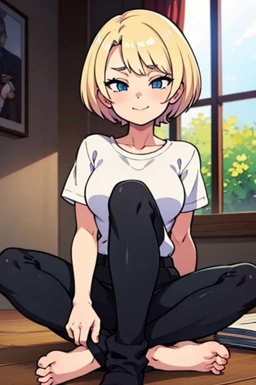 blonde woman, Sits, covers his face with his phone, tshirt, briefs, Good Quality