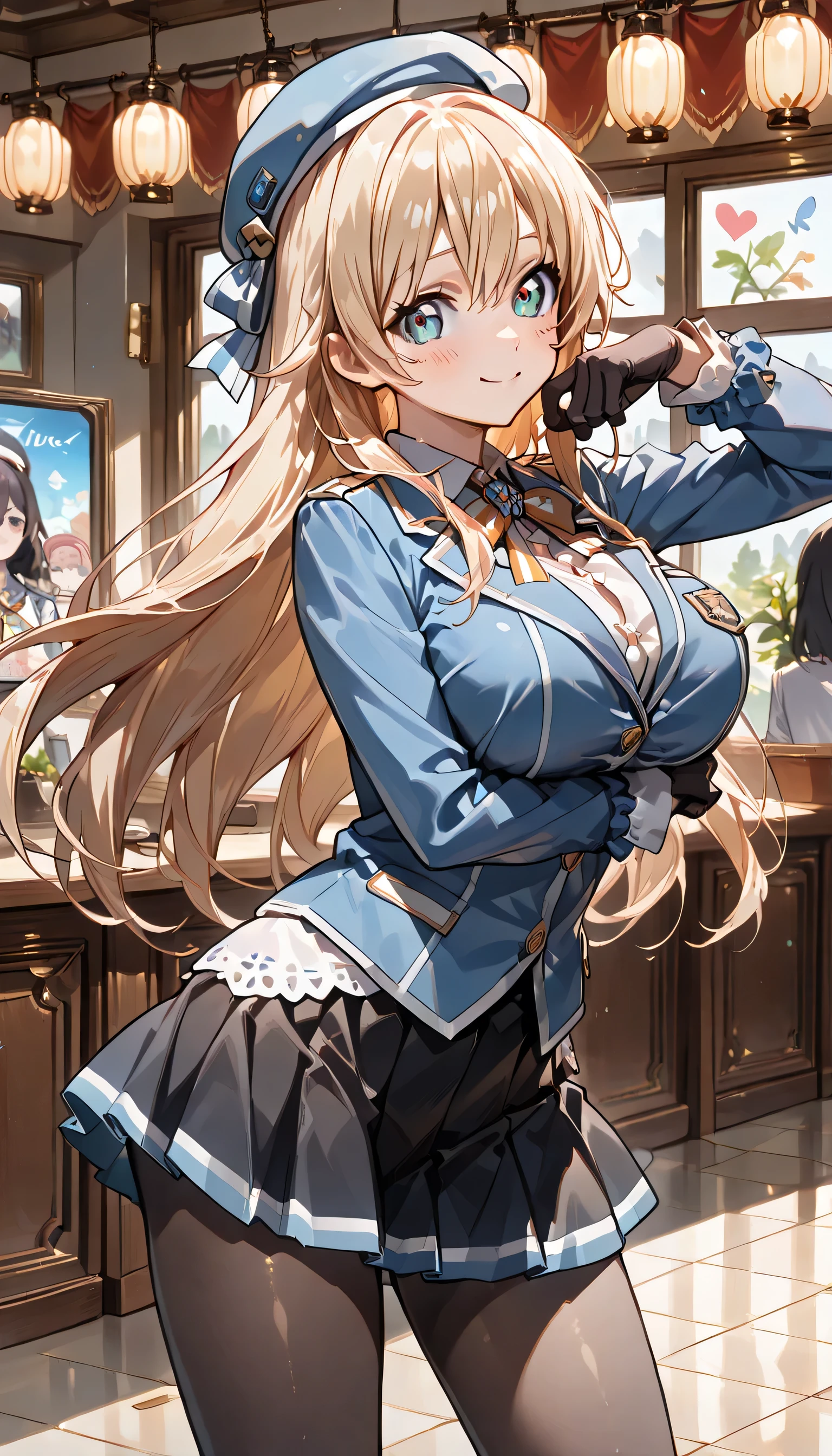 ((ultra-detailed)), (highly detailed CG illustration), (best quality:1.2), ultra-highly detailed, colorful composition, artistic photoshoot, 1girl, solo focus, ((thigh to top:1.3)), ((cowboy shot:1.3)), moe anime character, girl, dainty facial structure, (baby face), (round face), ((rounded chin:1.2)), ((ideal ratio body proportions)), atagokc, blonde, green eyes, long hair, bangs, hair between eyes, big breasts, blue hat, beret, thick thighs atagodefkc, blue military uniform skirt, ascott, blue jacket, black skirt, maxi skirt, black pantyhose, blue shoes, black gloves, ((smile)), ((blush:1.3)), ((standing on the President's Office:1.3)), from front, dynamic pose, contrapposto pose, best quality, expecting, pink cheek, blush, light pink gloss slip, portrait, depth of field, sparkling sunlight, lighting, backlighting, (shine), lighting, caustics, ray tracing, perfect face, lustrous skin, highly detailed face, highly detailed eyes, perfect face, perfect nose, perfect hair, perfect eyes, perfect anatomy, beautiful hair, beautiful small face, extremely detailed face, beautiful detailed eyes, beautiful clavicle, beautiful body, beautiful huge breasts, leavage, breasts squeezed together, equalize the size of the left and right breasts, beautiful thin thighs, beautiful legs, beautiful fingers, ((4 fingers)), 1 thumb, lovely, (very detailed background:1.0), (highly detailed background:1.0), summer aesthetic, intricate details, festival atmosphere, summer colors palette, chromatic aberration
