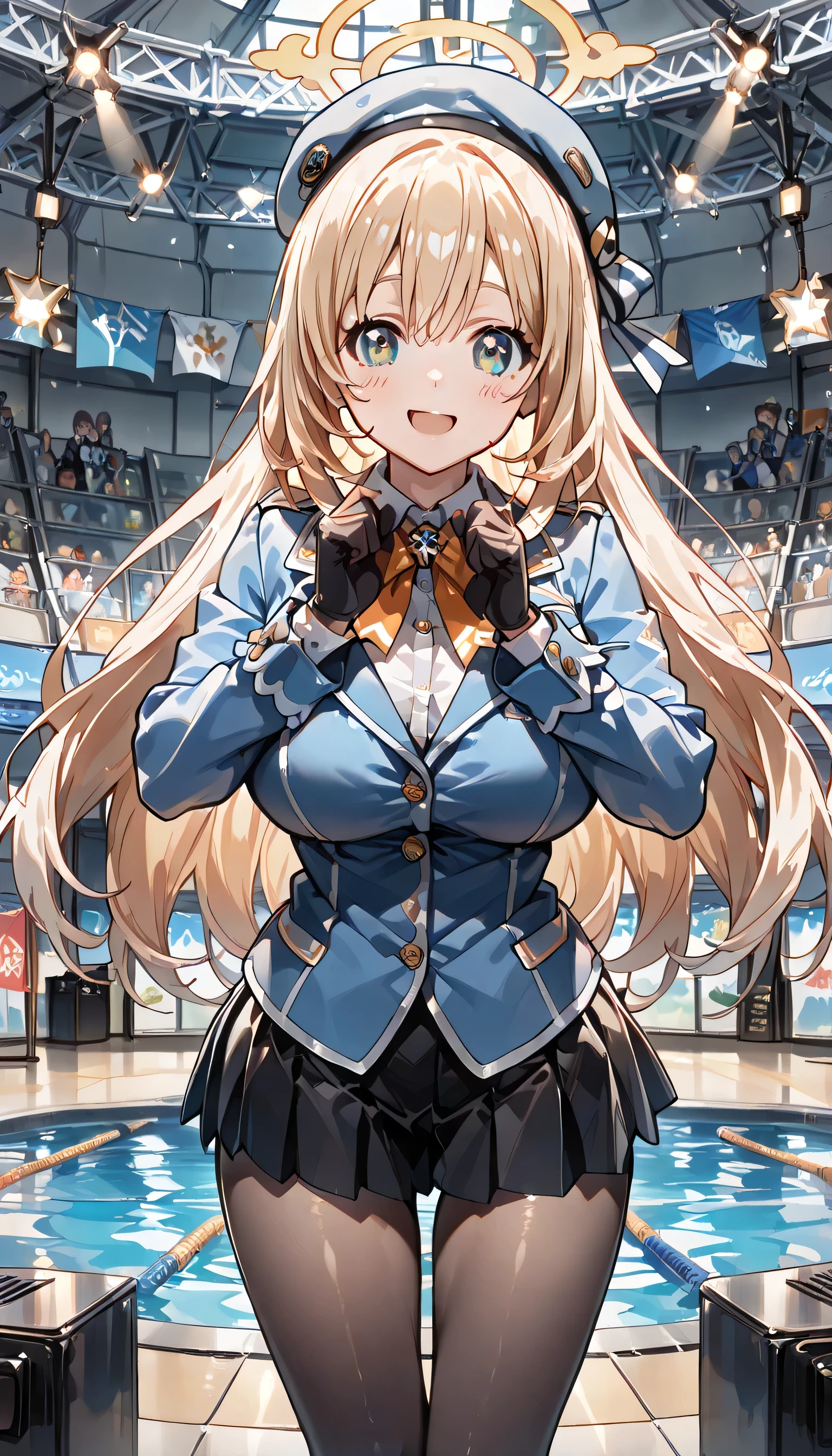 ((ultra-detailed)), (highly detailed CG illustration), (best quality:1.2), ultra-highly detailed, colorful composition, artistic photoshoot, 1girl, solo focus, ((thigh to top:1.3)), ((cowboy shot:1.3)), moe anime character, girl, dainty facial structure, (baby face), (round face), ((rounded chin:1.2)), ((ideal ratio body proportions)), atagokc, blonde, green eyes, long hair, bangs, hair between eyes, big breasts, blue hat, beret, thick thighs atagodefkc, blue military uniform skirt, ascott, blue jacket, black skirt, maxi skirt, black pantyhose, blue shoes, black gloves, ((smile)), ((blush:1.3)), ((standing on the President's Office:1.3)), from front, dynamic pose, contrapposto pose, best quality, expecting, pink cheek, blush, light pink gloss slip, portrait, depth of field, sparkling sunlight, lighting, backlighting, (shine), lighting, caustics, ray tracing, perfect face, lustrous skin, highly detailed face, highly detailed eyes, perfect face, perfect nose, perfect hair, perfect eyes, perfect anatomy, beautiful hair, beautiful small face, extremely detailed face, beautiful detailed eyes, beautiful clavicle, beautiful body, beautiful huge breasts, leavage, breasts squeezed together, equalize the size of the left and right breasts, beautiful thin thighs, beautiful legs, beautiful fingers, ((4 fingers)), 1 thumb, lovely, (very detailed background:1.0), (highly detailed background:1.0), summer aesthetic, intricate details, festival atmosphere, summer colors palette, chromatic aberration