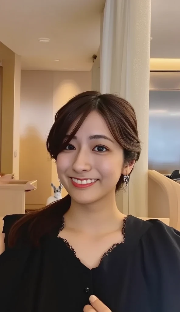 最high quality, In 8K, Masseter region, Vibrant, Sharp focus, high quality, High resolution, Detailed face, fine grain, Thick lips, (Looking at the audience), alone, Beautiful woman, 38 years old, (Standard body type)、(D cup breasts)、(Short black hair:1.5), Cleavage、(Miami beachfront mansion:1.6)、(Bright room、Wooden wall)、(Marble floor:1.3)、(Large window behind:1.6)、 (The living room of a vast mansion:1.6)、(The sea can be seen from the window:1.5)、(Pink short sleeve formal dress:1.6)、(smile:1.5)、(Black pumps:1.5)、(Full body photo:1.2)