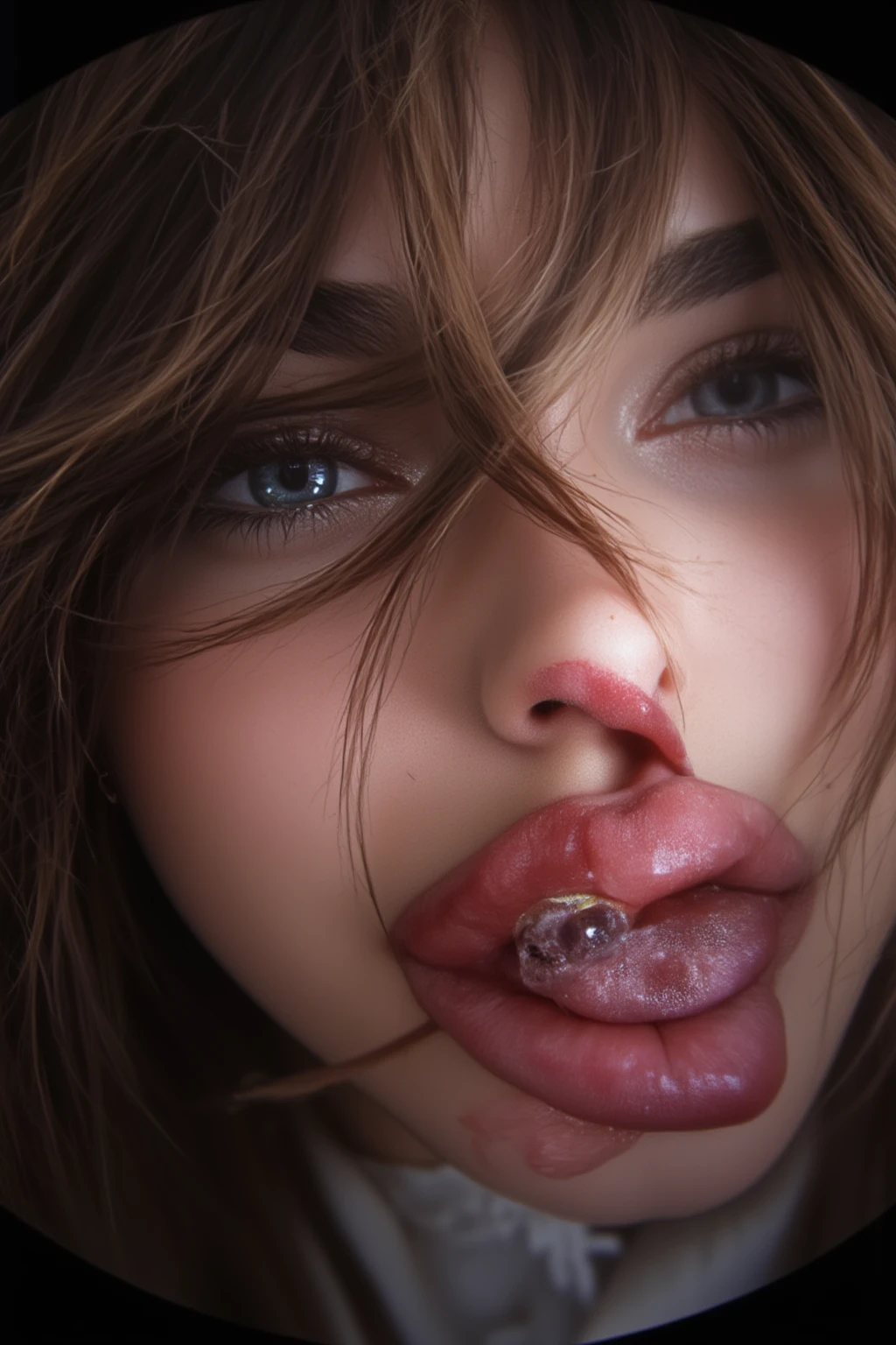 (photo Realistic:1.4), (hyper Realistic:1.4), (Realistic:1.3), (High resolution,High resolution,Sharp focus,8k)(Keep your eyes clearly focused, Nose and mouth,Face Focus,) Woman with open mouth and closed eyes, 、Age 35,Black-haired、Symmetrical face,Realistic nostrils、Angle from below、Elongated C-shaped nostrils,,,,,Browsing Caution,White Background、Sweaty skin、Lighting that accentuates skin that shines with sweat、((Nose hook))Skin shiny with sweat、Shiny skin、(Wet and shiny tongue)(Sharpness)furrowed brow, frown, tongue out, ahegao, long tongue, textured skin, anatomically correct, super detail