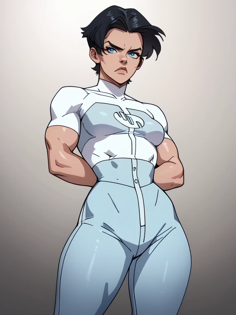 A cartoon of a woman with a big breast in a black and white outfit, muscular girl, bodybuilder superhero bikini, muscular! White, Superhero Body, Muscle Sweat, Power Girl, White Twin Tails_Gloves, Nerdy Black Girl Superhero, Anime Character; Full body art, tight clothing, dark leather skirt, eyes closed, mouth open, prostrate on the floor,