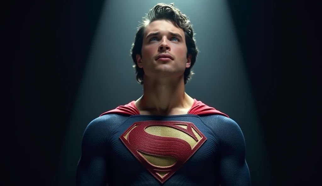 A man dressed as Superman stands under dramatic lighting, his face illuminated with a serious expression. He wears a detailed superhero suit with the iconic S emblem prominently displayed. The background is dark, enhancing the spotlight effect that shines down, highlighting his determined gaze and tousled hair. The image conveys a sense of strength and heroism.