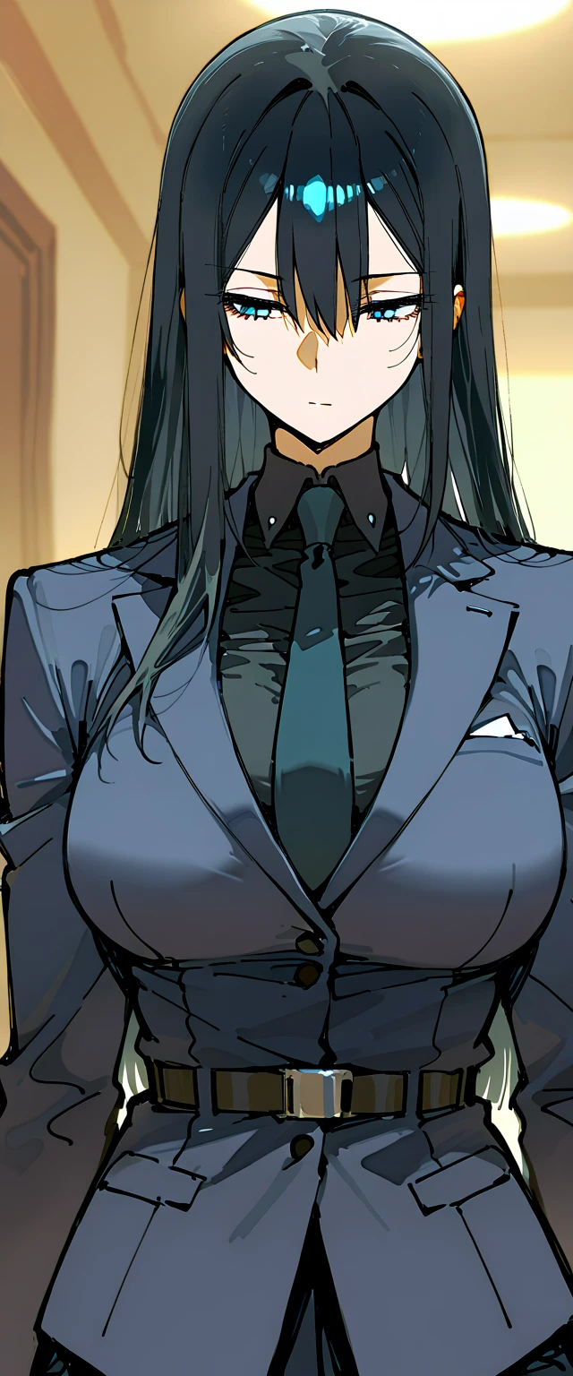(Masterpiece: 1.6, Best Quality), (Fine and Beautiful Eyes: 1.2), (Overhead), High Quality, Beautiful Face, 1girl, Leather Tight Skirt, Extra Large Leather Jacket, Big Tits, Long Hair, Wide Hips, (Landscaped), Street, Background, Detail Background, Spooky Grin, Angled Laughter at the Corners of Mouth, Long Coat, Shirt, Tie, Office Lady, Mature