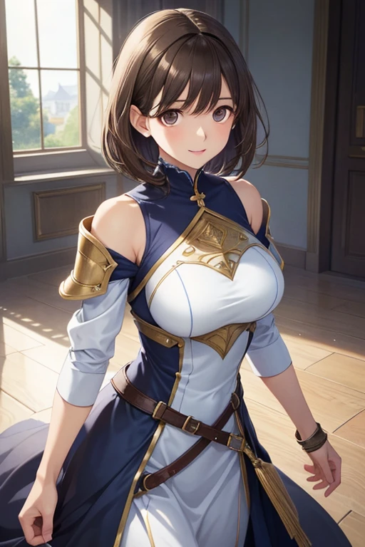 score_9, score_8_up, score_7_up, concept art, minomi, a female knight in full armor is standing and looking at viewer, half updo, detailed beautiful face, large breasts, long skirt, abandoned church, blooming roses, sword, low light, dark theme, from above,