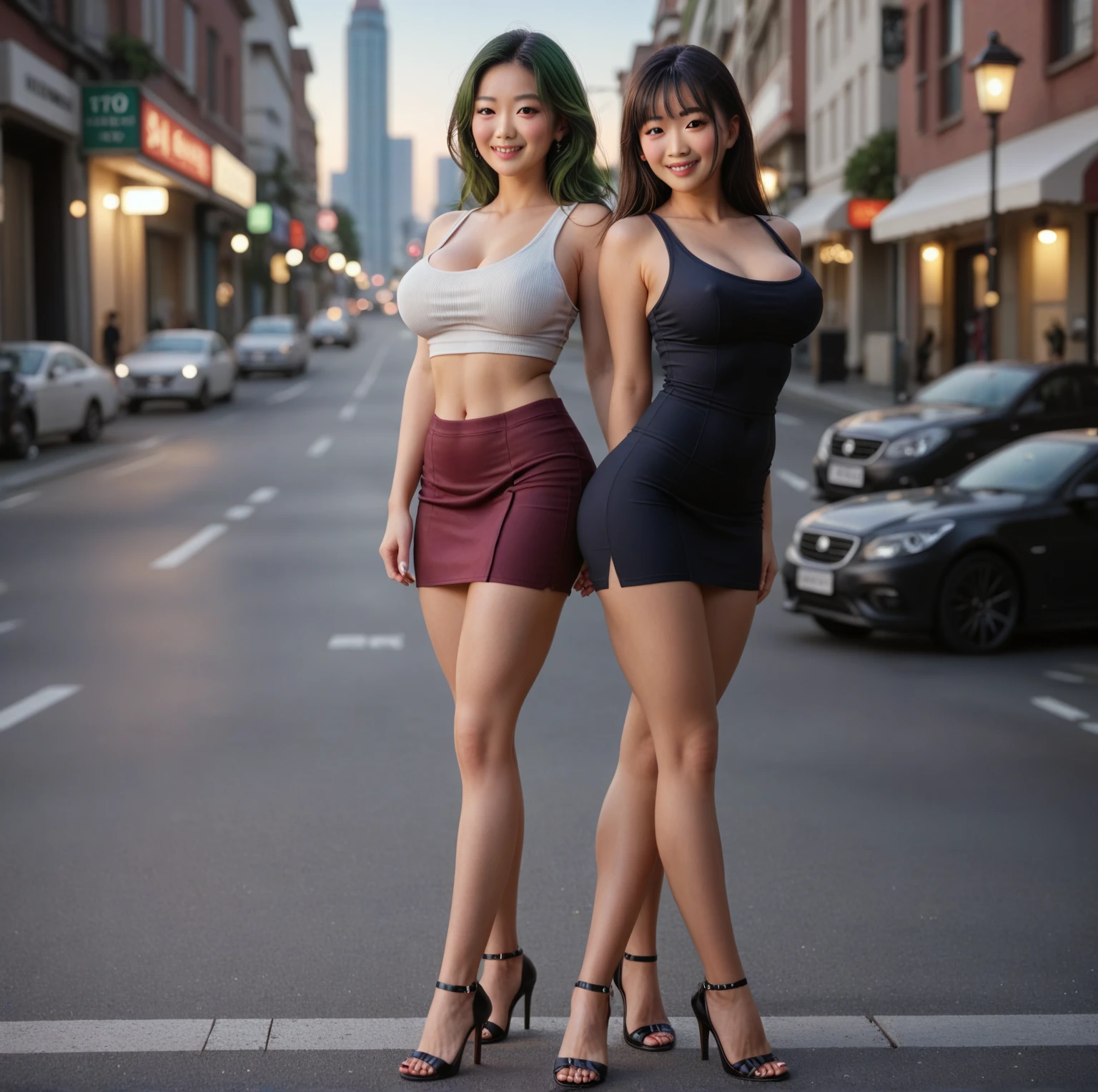 8k,masterpiece,high detailed,natrual light,realistic,the perspective is from below,a female giant,black hair,mole under the eye in the left face ,fair skin,brown eyes,in heat ,naughty,whole body , golden ratio body,busty,wearing black lingerie,realistic skin texture,purple collar,bending down .holding the boobs with both hands,(only one person in this picture),walking throgh the city with people looking up to her,buildings under her thighs