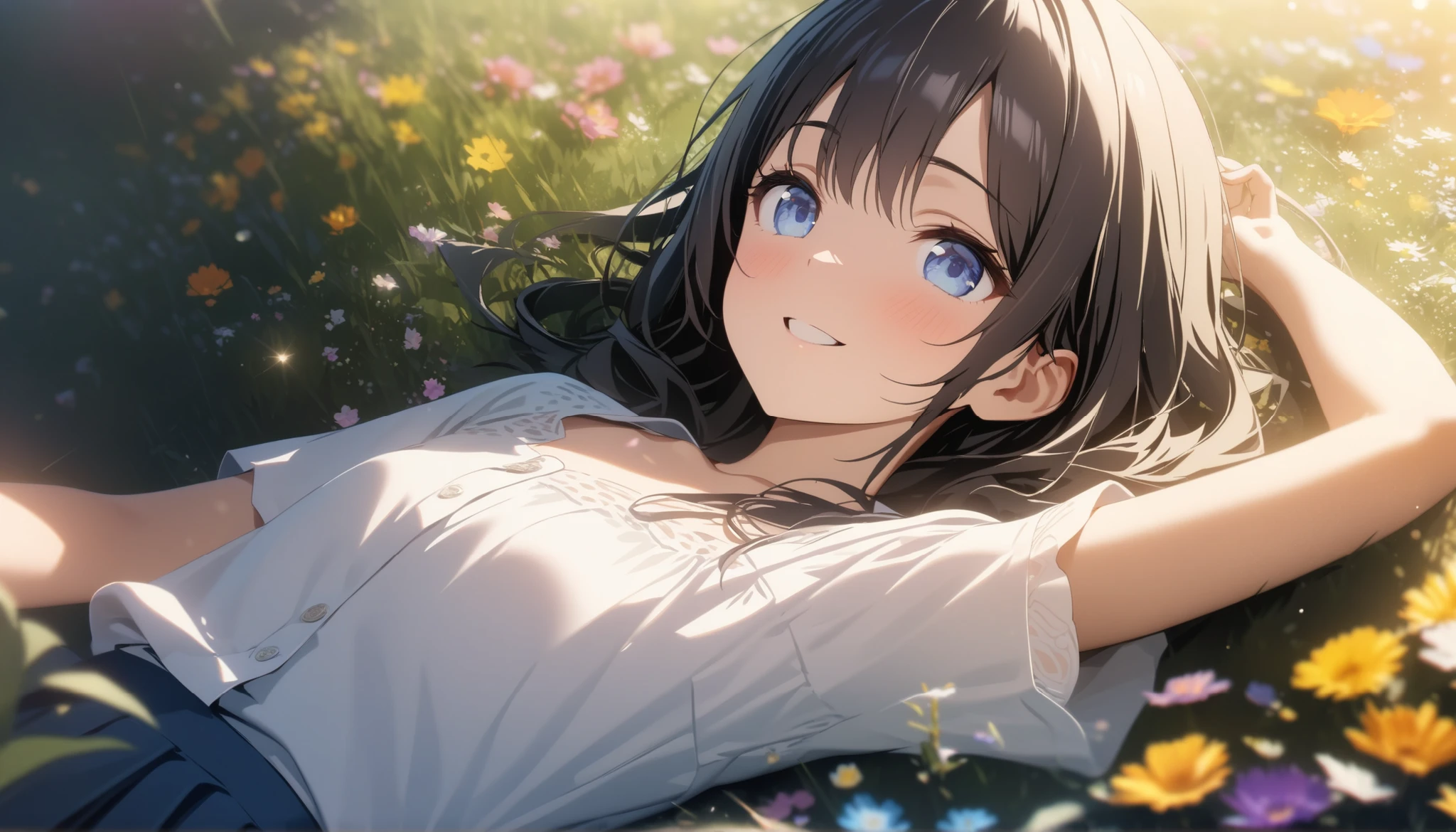 woman,long hair,brown hair,blue eyes,Lie on your back and look at the sky in a field of flowers.,detailed face,Detailed background