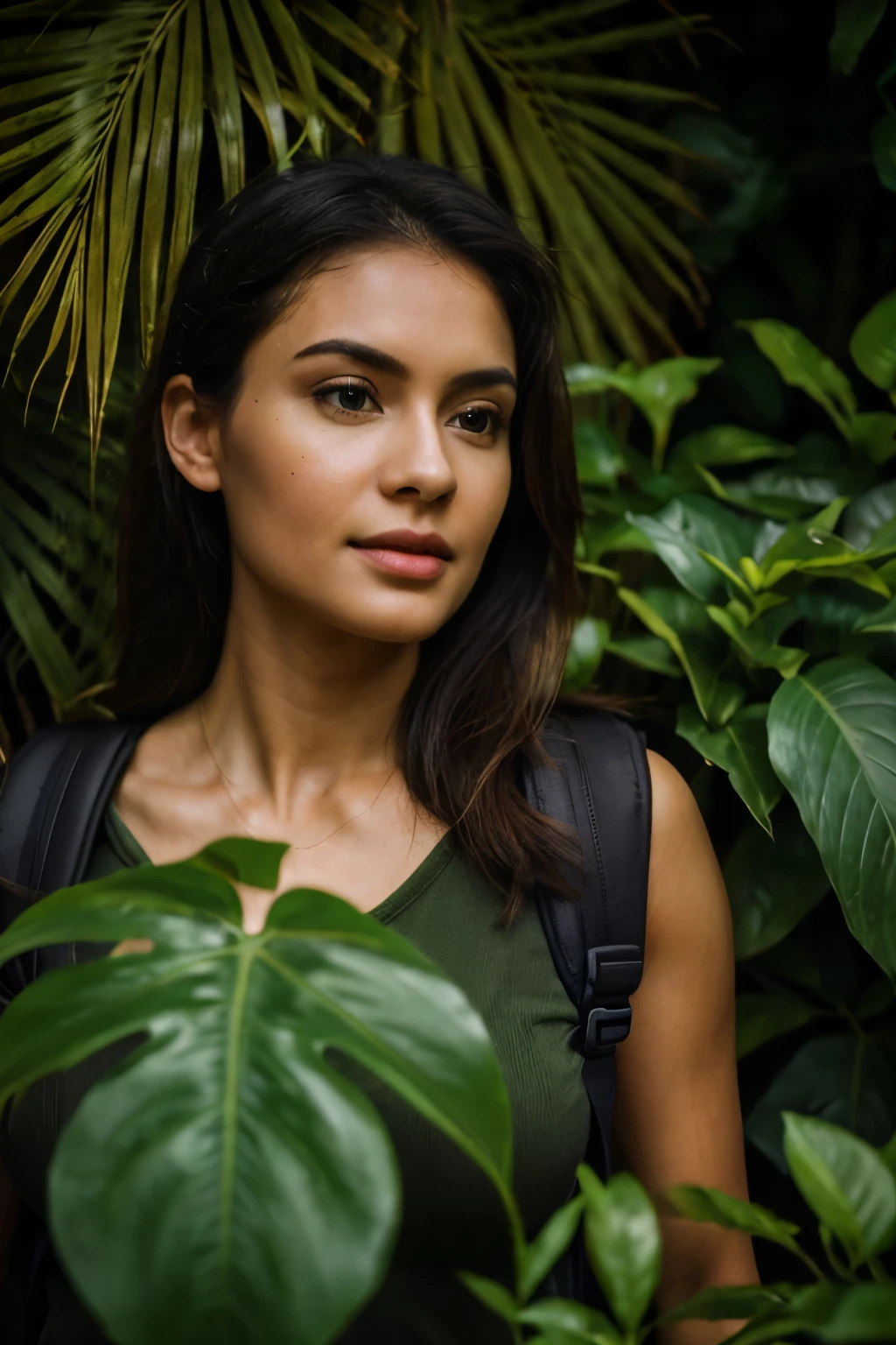 a naked woman with a backpack walking through a lush, dense rainforest, beautiful detailed eyes, beautiful detailed lips, extremely detailed face and eyes, long eyelashes, adventurous expression, detailed clothing, realistic lighting, volumetric fog, dramatic moody lighting, vibrant colors, stunning 4k, highly detailed, photorealistic, masterpiece