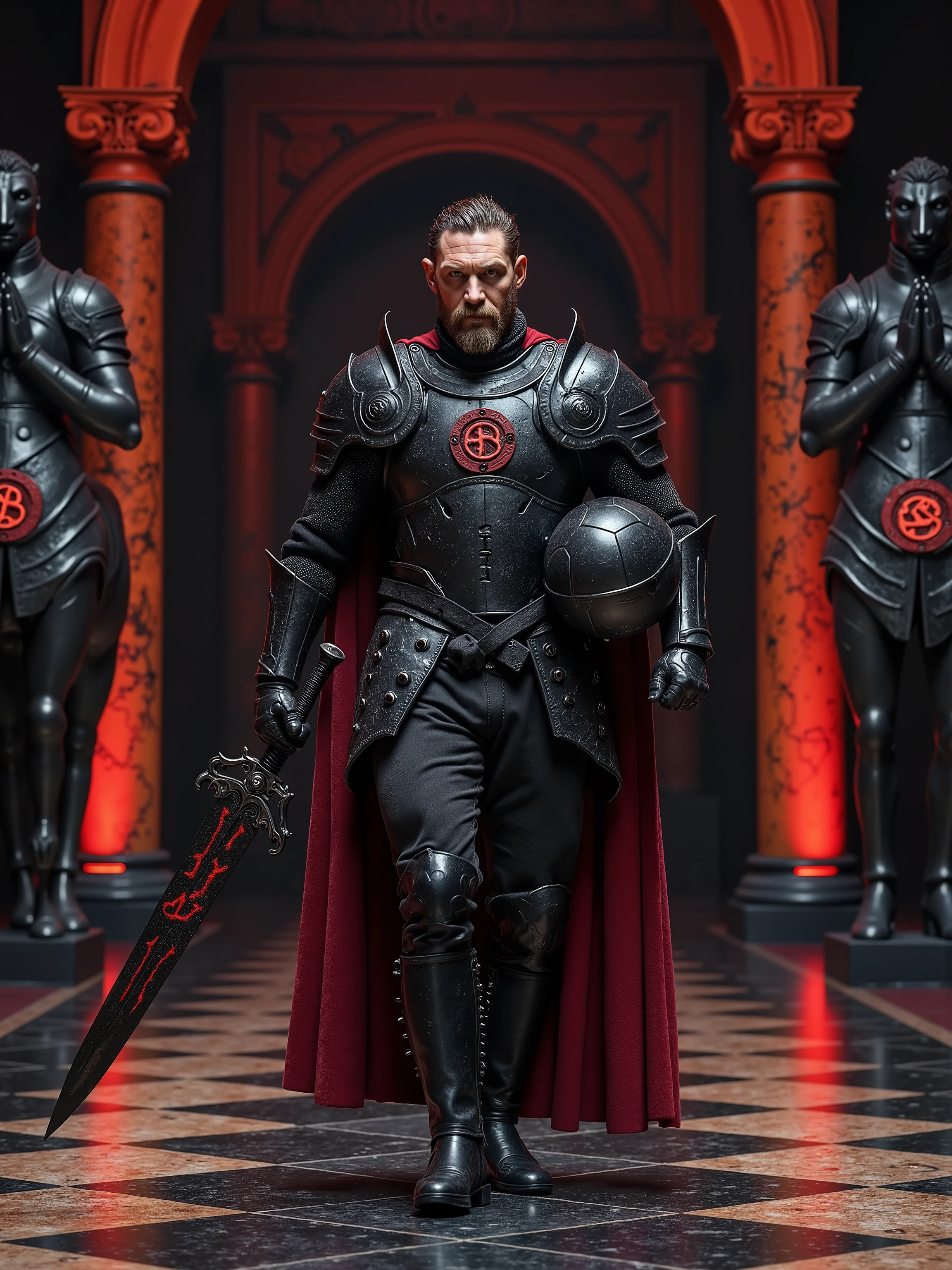 Tom Hardy reimagined as the black knight of a chess empire, walking and holding a massive black greatsword engraved with glowing red runes, 1 male, full body, powerful and intense, rugged skin, short rough dark hair, fierce gray eyes with a battle-worn gaze, Clothing: heavy dark knight armor forged from black steel and volcanic metal, scratched and engraved with bone motifs, shoulder plates shaped like dragon jaws, chestplate marked with a crimson chess knight insignia, gauntlets spiked and reinforced, high black leather boots with iron plating, dark crimson battle cape torn at the edges and scorched from combat, armor lined with faint glowing cracks pulsing with red light, helmet carried at his side or mounted on his back, In his hands he is holding a massive black greatsword engraved with glowing red runes, shows his full figure, strong muscular build, full body, extremely handsome, god, male shape, perfect anatomy, the background showcases the obsidian chess throne hall, with towering equine statues in the shadows, lava-lit columns, glowing red reflections on the black-and-bronze chessboard floor, photorealistic, masterpiece, realistic, high contrast, 8k, HD, high definition, hyper detailed, realistic skin texture, best quality, very detailed eyes, dramatic lighting