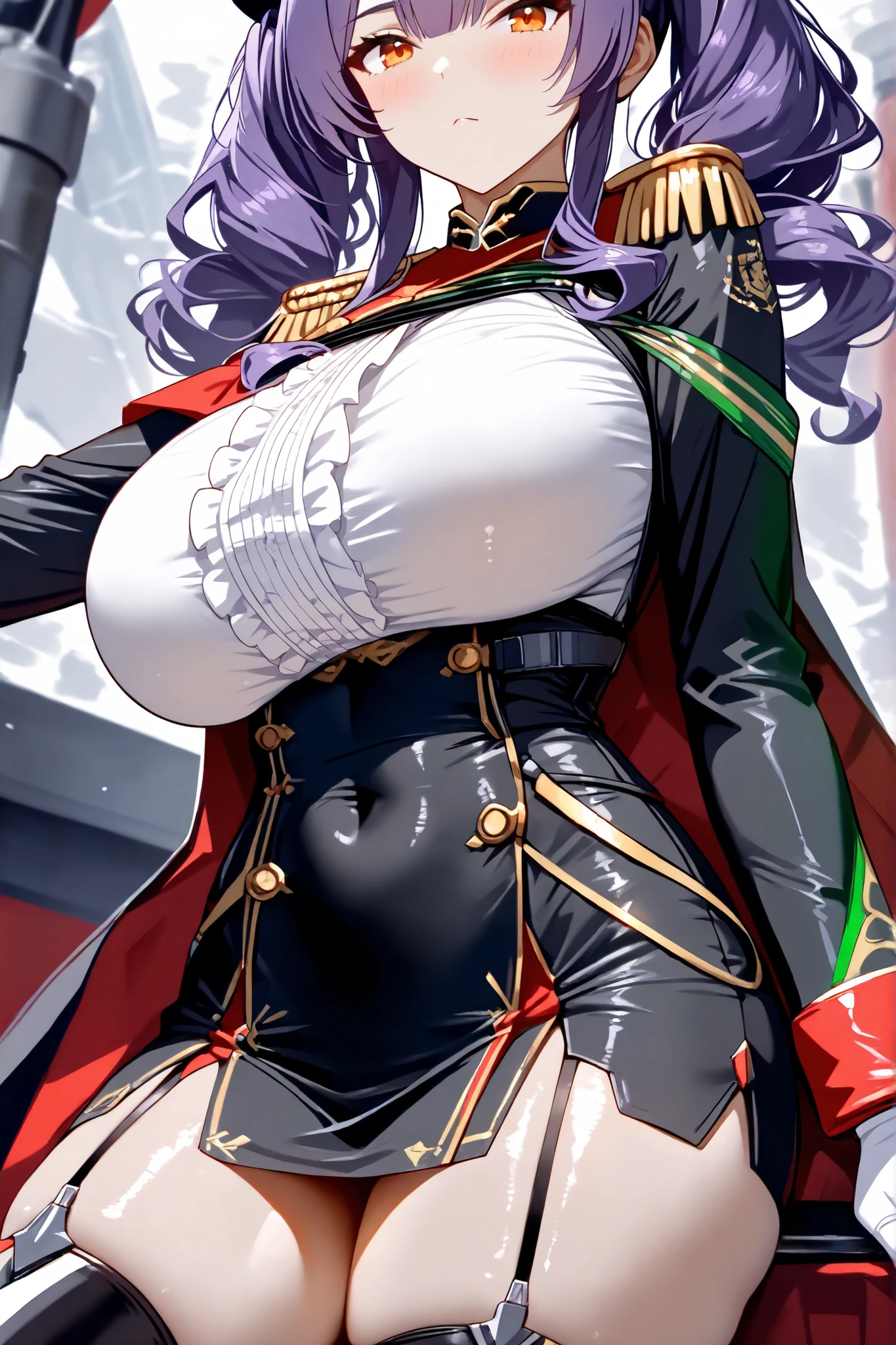 High detailed, 1 girl, pola_azurlane
breasts, long_hair, violet_hair, twintails, red_eyes, large_breasts,, big busty, firm curvy body, burgundy shirt, cute ribbon in collarbone, deep cleavage, Juliet sleeves, pencil skirt, black skirt, red gloves, extremely angry eyes