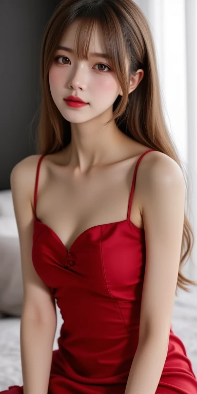 Ace, saxy 4k, High Resolution, Masterpiece, Best Quality, Head: 1.3, (Korean K-pop Idol), Fine Skin, Sharp Focus, (Cinema Lighting), Clavicle, Morning, Soft Light, Dynamic Angle, [: (detailed face:1.2):0.2], armpit wrinkles, thigh gap, red dress, slim, mid-chest, cleavage, full body,
