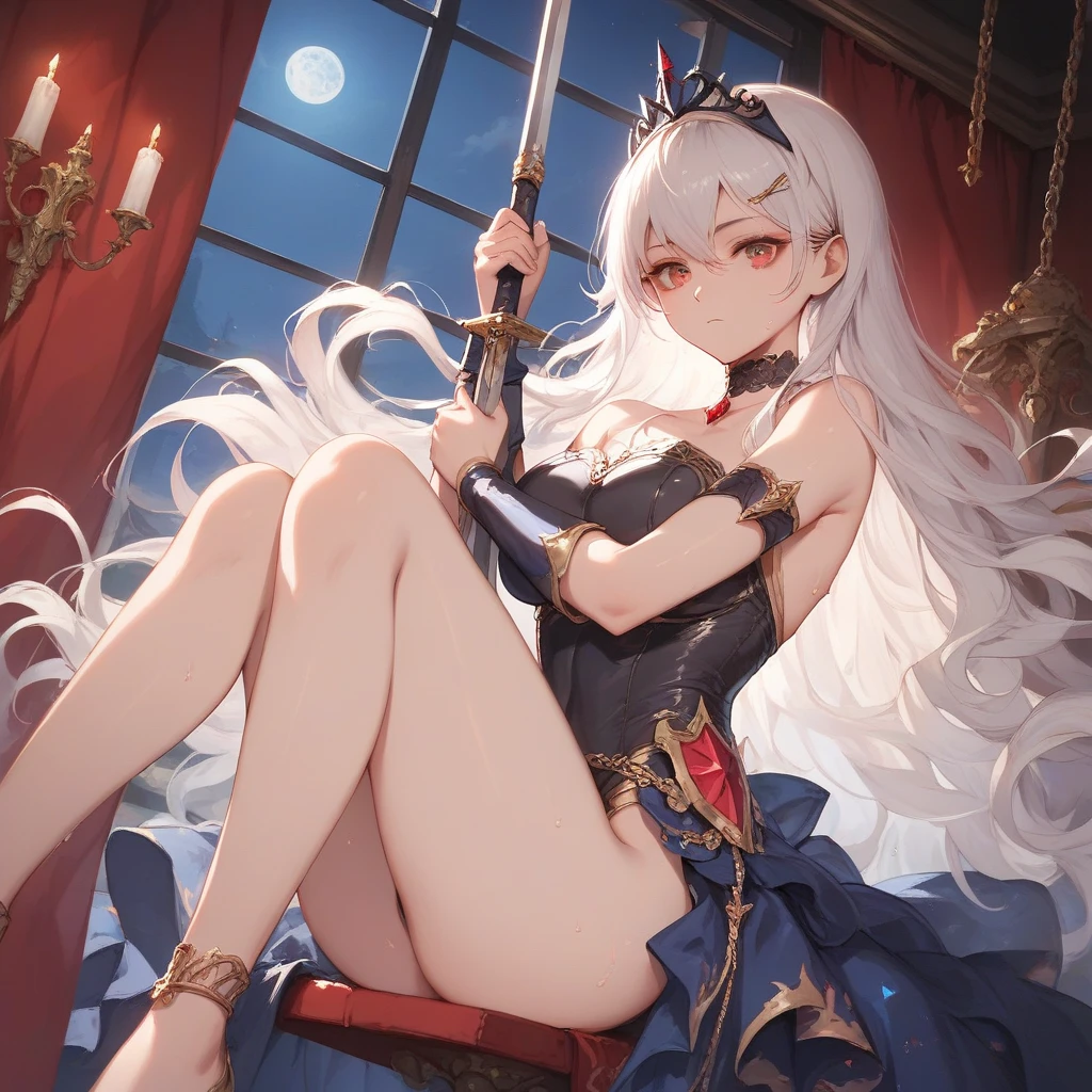 Japanese anime style. Coquettish woman. middle ages. Europe. black armor. mini skirt. Large sword. Whole body. Stand and spread your legs. from below. --auto --s2