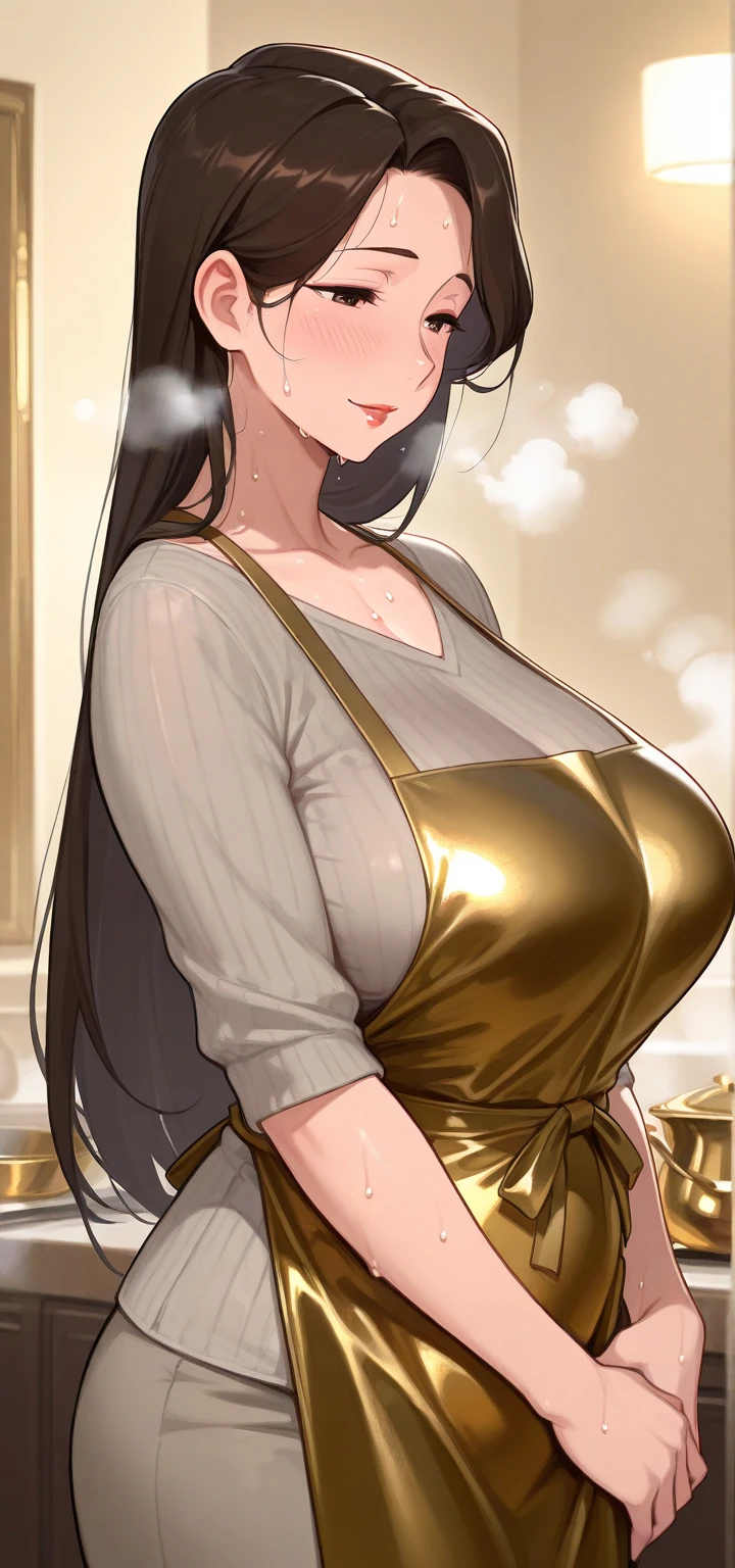 (Mature Woman:1.5), (mother:1.5), Ishtar, Fate Grand Order, (Absurd, 8k, 4K, Tabletop, Extremely detailed:1.2), highest quality, Perfect Anatomy,Perfect Face, High humidity, (alone:1.2), (Sweaty:1.3), shortness of breath, High humidity, humid, (Black Hair:1.1), Red eyes, Looking into the camera, (Very large breasts:1.5), Light clothing, apron, (kitchen;1.1), (Having a conversation:1.5), (Speech bubble:1.2), A kind smile, relief, peace of mind, mother性, Cooking, have a ladle, pot, pot-au-feu