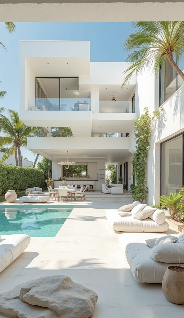 ((( A single level :2))),(((The MODERN-WHITE))), , light and shadow, style architecture creates a realistic rendering of a large GLASS villa - GROUND FLOOR,, GLASS IN LARGE LIVING ROOM-KITCHEN-DINING-POOL, whitewashed white, Mediterranean vegetation, palmas, big rocks ,oasis of stone and foliage, pool area and palapa-bar, gardens and grill, large vaults on slabs without columns ,,,