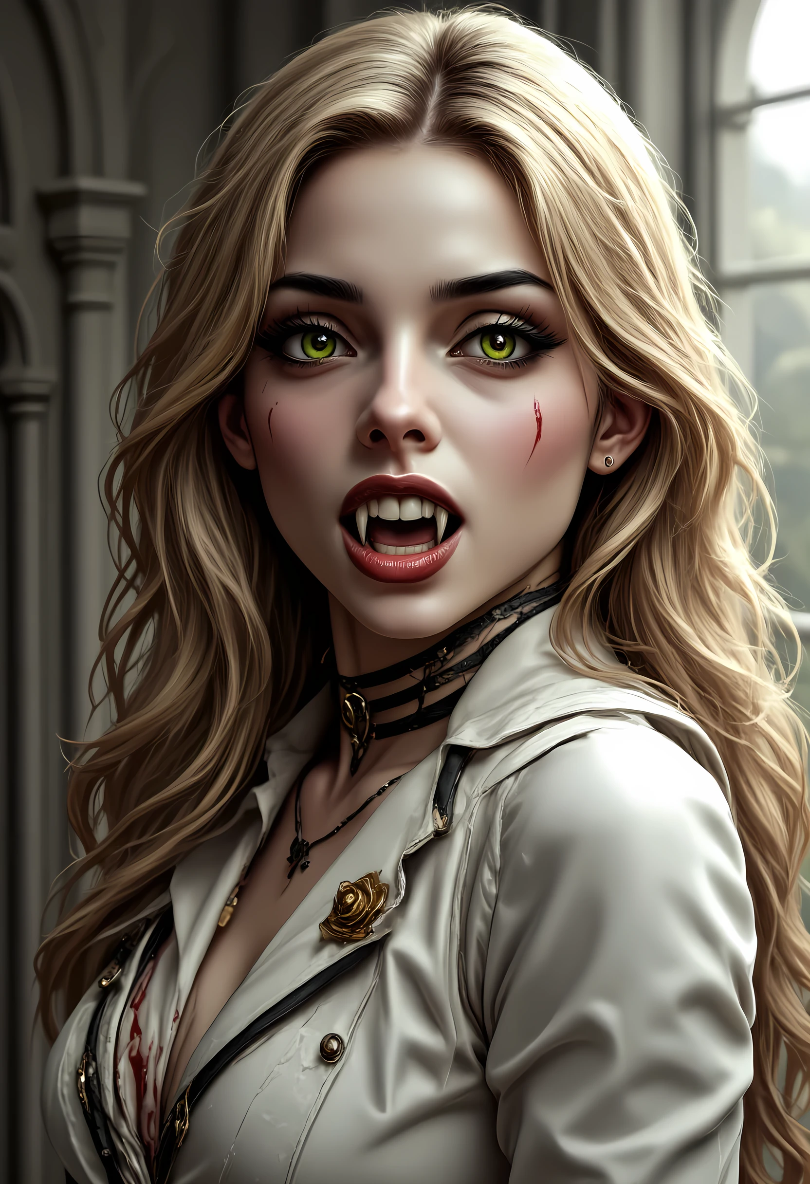 Arafed, a portrait of an vampire woman, (full body shot), exotic beauty, long hair, gold hair, emerald green eyes, glowing eyes, vampire fangs, dark red lips, glamour shot, she wears an white elegant suit, stains of blood, intricate suit. leather suit, small cleavage, gold rose, high heel boots, full body shot, 16k, ultra detailed, masterpiece, best quality, (extremely detailed), arafed, dnd art hyp3rd3tail style, Dracula
