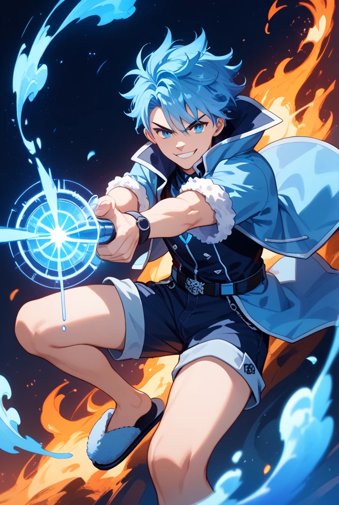 Boys with blue hair,swinging the fire sword,fire eye,angry face,fightning with demon
