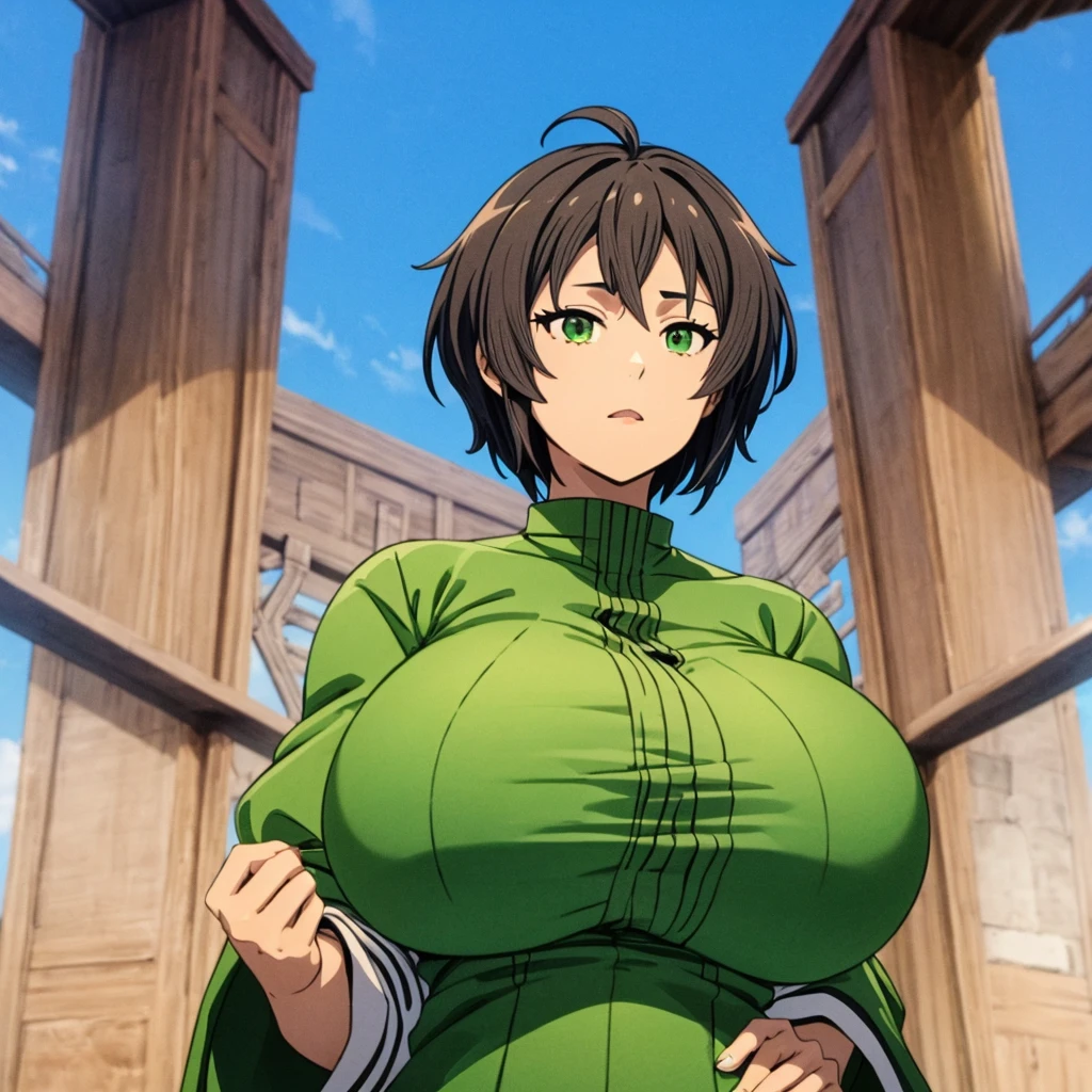 brown hair, green eyes, short hair, konosuba: kazuma satou Super Extra large breasts breast enlargement full-body shot
