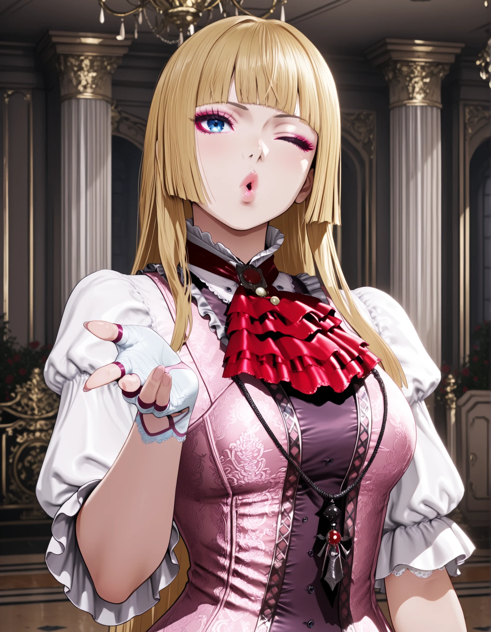 anime screencap, masterpiece, best quality, amazing quality, very aesthetic, absurdres, newest, 1girl, solo, lilit8, long hair, hime cut, blonde hair, blunt bangs, blue eyes, makeup, eyeshadow, lips, sleeves past elbows, white shirt, red neckerchief, pink dress, necklace, high-low skirt, white gloves, fingerless gloves, pink thighhighs, blowing kiss, heart, puckered lips, wink, mansion, indoors, upper body