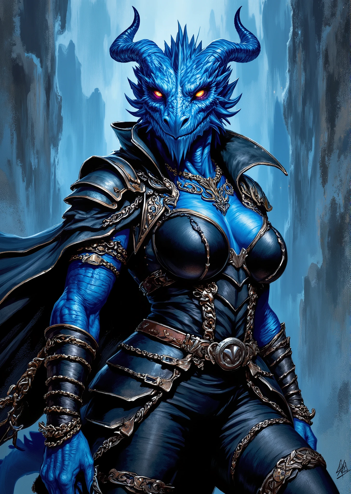 An extremely detailed comic book illustration of an extremely curvaceous Chromatic Blue Dragonborn from Dungeons and Dragons which look like wingless bipedal dragons scaly bright-eyed and thick-boned with horns on their heads with blue coloration trained as a Bard following the College of Glamour from dungeons and dragons who invoke magic through music dance and verse and are masters of soothing hurts disheartening foes and creating illusions who wield remnants of the Words of Creation which still resound and glimmer on every plane of existence wearing a striking and elaborate outfit that combines elements of fantasy and rock-n-roll aesthetics with a fitted black leather vest that is sleeveless and clings to her massive breasts adorned with metallic embellishments including intricate designs and patterns that catch the light a flowing dark cloak draped over one shoulder adding a dramatic flair with an elegant cut and a high collar that frames her face with multiple bracelets incorporating chains and metal accents that enhance the overall edgy style over a pair of high-waisted form-fitting leather pants that exudes a rugged yet fashionable vibe with additional straps and buckles for a layered look and bold makeup including colorful eye decorations that enhance her fierce expression and add a fantastical element to the look highlighting her individuality and reflecting her role as a performer combining functionality with a high-fashion edge in an art style inspired by Frank Miller and Conan the Barbarian. The background is awash in textured brushstrokes in tones of gemstone and flashing lights. Standing in a dynamic action pose. Trending on Art Station.