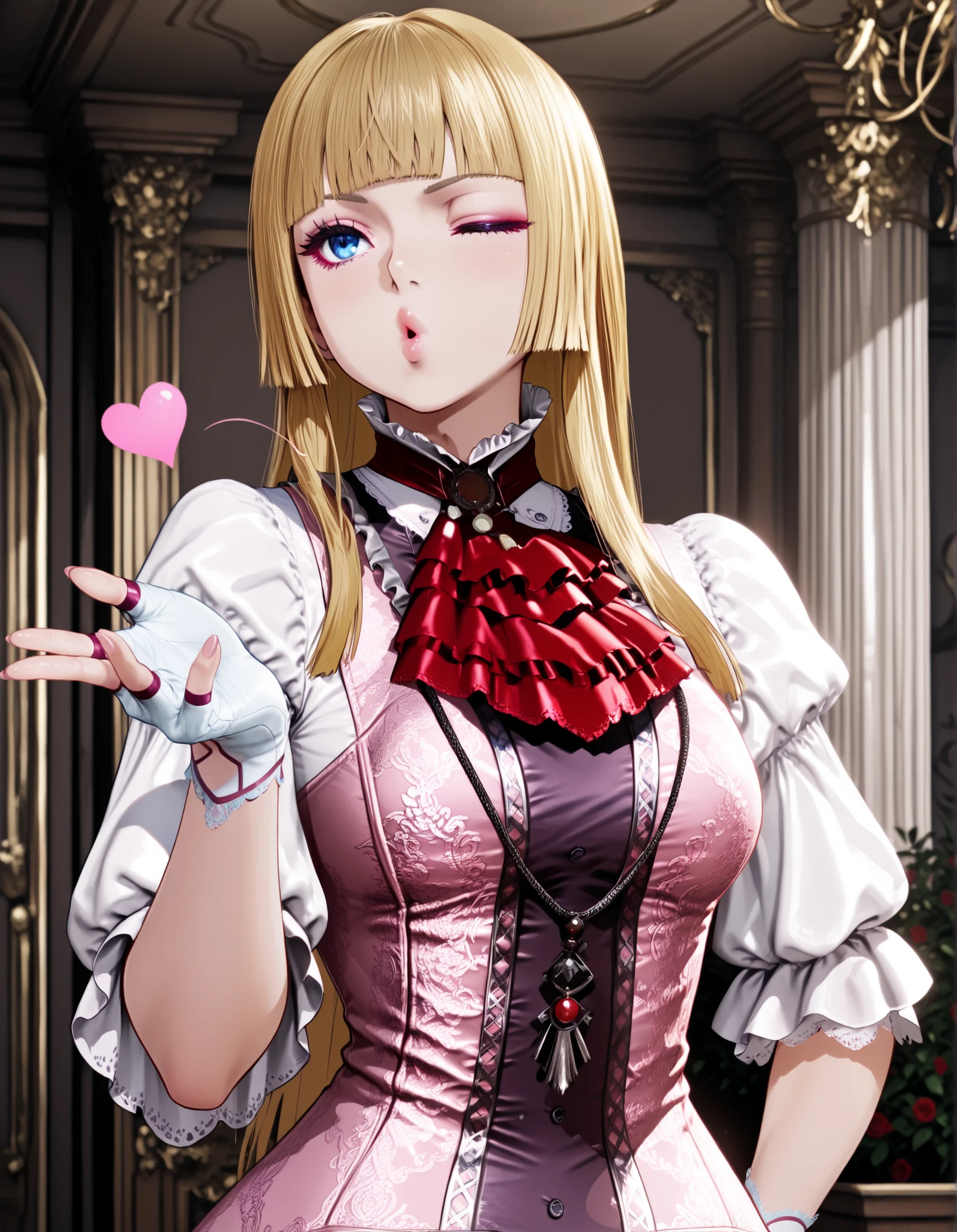 anime screencap, masterpiece, best quality, amazing quality, very aesthetic, absurdres, newest, 1girl, solo, lilit8, long hair, hime cut, blonde hair, blunt bangs, blue eyes, makeup, eyeshadow, lips, sleeves past elbows, white shirt, red neckerchief, pink dress, necklace, high-low skirt, white gloves, fingerless gloves, pink thighhighs, blowing kiss, heart, puckered lips, wink, mansion, indoors, upper body