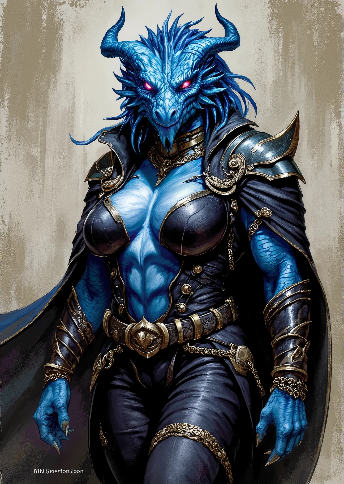 An extremely detailed comic book illustration of an extremely curvaceous Chromatic Blue Dragonborn from Dungeons and Dragons which look like wingless bipedal dragons scaly bright-eyed and thick-boned with horns on their heads with blue coloration trained as a Bard following the College of Glamour from dungeons and dragons who invoke magic through music dance and verse and are masters of soothing hurts disheartening foes and creating illusions who wield remnants of the Words of Creation which still resound and glimmer on every plane of existence wearing a striking and elaborate outfit that combines elements of fantasy and rock-n-roll aesthetics with a fitted black leather vest that is sleeveless and clings to her massive breasts adorned with metallic embellishments including intricate designs and patterns that catch the light a flowing dark cloak draped over one shoulder adding a dramatic flair with an elegant cut and a high collar that frames her face with multiple bracelets incorporating chains and metal accents that enhance the overall edgy style over a pair of high-waisted form-fitting leather pants that exudes a rugged yet fashionable vibe with additional straps and buckles for a layered look and bold makeup including colorful eye decorations that enhance her fierce expression and add a fantastical element to the look highlighting her individuality and reflecting her role as a performer combining functionality with a high-fashion edge in an art style inspired by Frank Miller and Conan the Barbarian. The background is awash in textured brushstrokes in tones of gemstone and flashing lights. Standing in a dynamic action pose. Trending on Art Station.