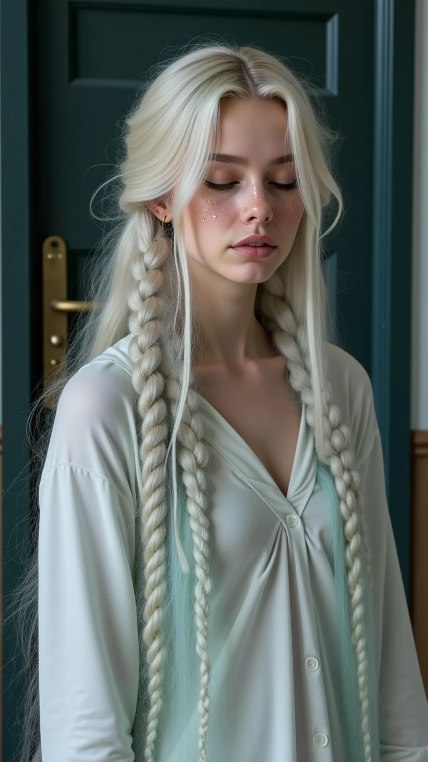 1 female, long white hair, braided hair, wearing a caftan, ugly face, 25 years old, desert background, absurdres, high res, ultrasharp, 8K, masterpiece, the image should be of absurd resolution and high detail. It should be ultra-sharp and available in 8K resolution, representing a masterpiece in image quality.
