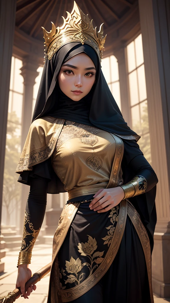absurderes,(masterpiece、top-quality、8K ),intricate detailes,ultra-detailliert、1 Beautiful Arab Woman、(Ancient Arab national costumes,Hijab:1.4),veils、A slight smil、darkskinned、black curly hair、Arabian Market、Hyper realistic,Perfect Anatomy
