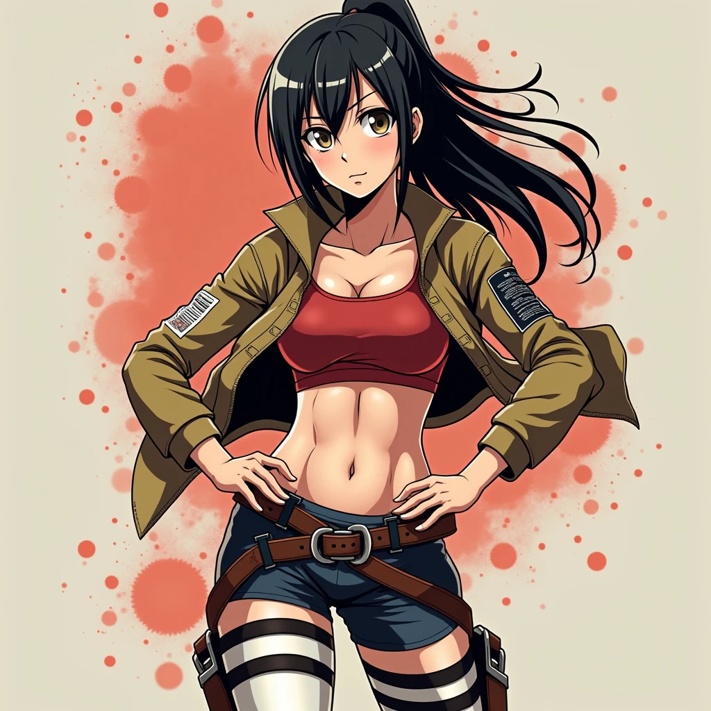 an animated character is in the background of a video game screener and an image of a girl in an with a sword on her shoulder and her breasts spread out