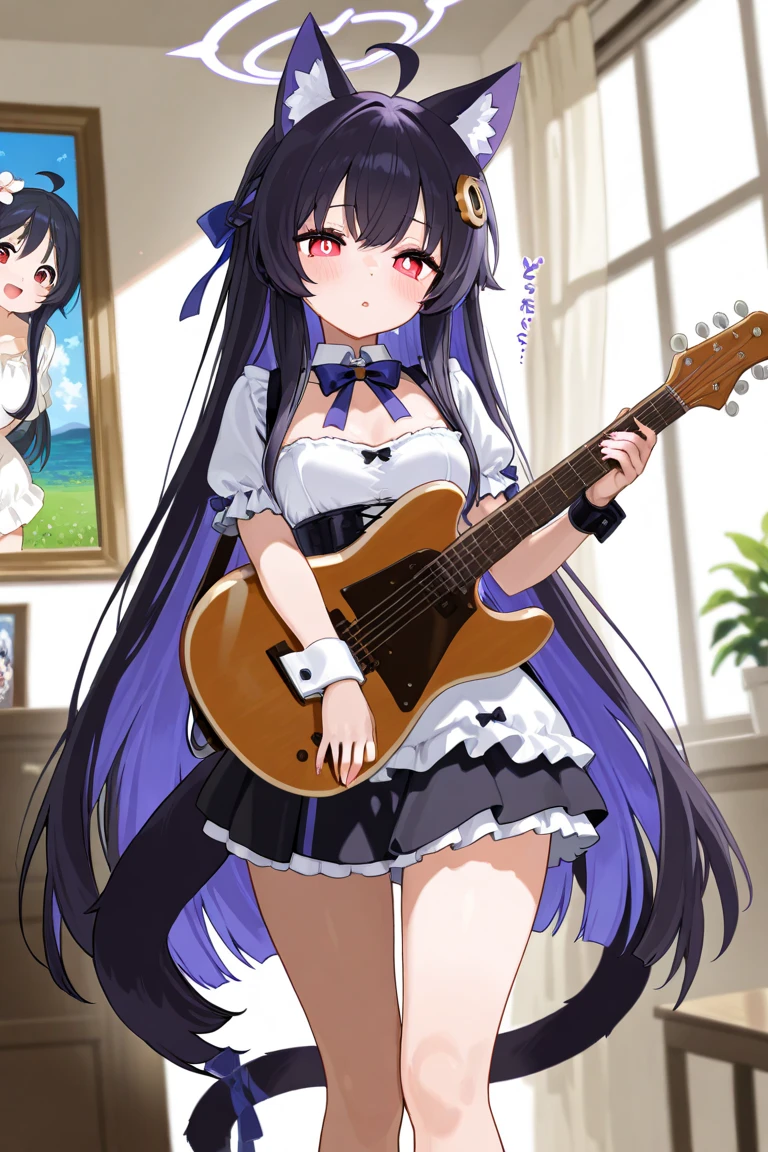 masterpiece, best quality, highres, aatama, long hair, black hair, two side up, green ribbon, animal ears, purple eyes, fox tail, choker, off shoulder, cleavage, white camisole, black jacket, long sleeves, blue skirt, pleated skirt, white thighhighs, <lora:quon_tama_v1:0.7>, sitting, chair, stage, smile, holding instrument, guitar,