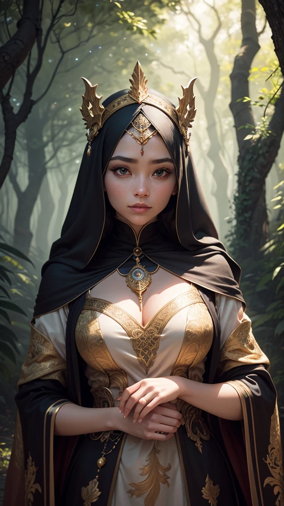 colorful, tombraider, cleavage, hijabi, Absurd, ultra-detailed, high quality, masterpiece, detailed face, beautiful eyes(detailed eyes), javanese, gentle and graceful, face exudes warmth and kindness, eyes described as soft and comforting, gentle and steady gaze, overall appearance is simple and modest, The fabric of her garments is usually depicted as soft and earth-toned, beauty lies not in extravagant adornments, Her smile is serene and welcoming