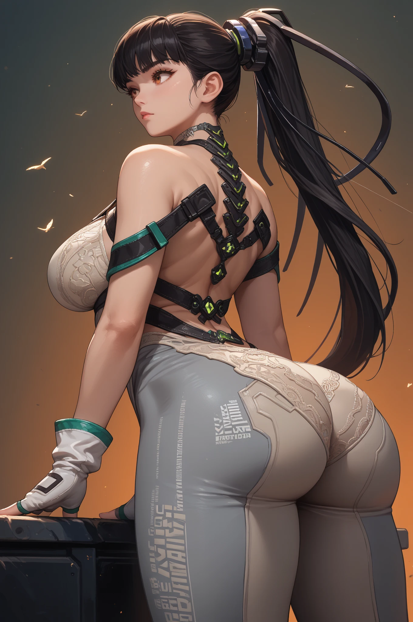 Huge breasted Eve in tight lace thong bodysuit with white tech trim in the desert oasis, very long pompadoured hair with a ponytail in the back showing off her butt.