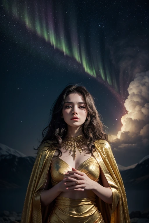 Create a visually impactful artistic scene using only the colors blue and gold. In the center of the composition, an enigmatic and powerful woman emerges as the personification of the balance between these two colors. Your skin shines in golden tones under a heavenly light, while your hair wavy like a cloak of deep blue, flowing in the wind. She is wrapped in ethereal garments that mix golden threads night blue veils. Behind her, a surreal scene—perhaps a floating temple or a starry sky with golden auroras—reinforces the dramatic contrast. The lighting must highlight every detail,  with rich textures , a striking play of light and shade and an aura that transmits power, Serenity and mystery. Blue represents the depth and silence of the universe; o dourado, divine light and rebirth - united in the mesmerizing presence of this feminine figure