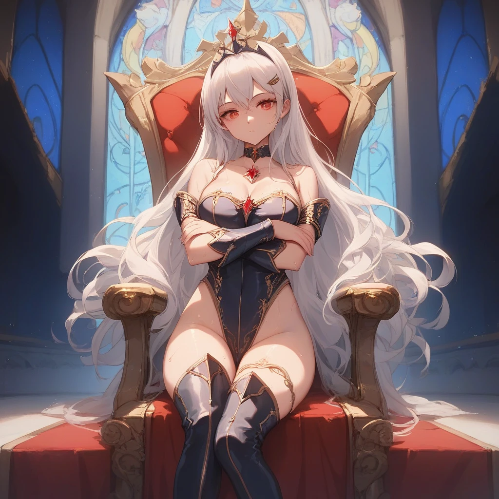 Step into the opulent realm of "Crimson Monarchy," a kingdom where power and beauty converge in the form of a resplendent queen. Visualize an awe-inspiring image of the queen, her white hair cascading like a regal waterfall, her deep red eyes reflecting both wisdom and authority, as she sits upon her throne, contemplating her kingdom.
The throne room exudes grandeur and majesty, adorned with ornate golden accents and draped in rich crimson tapestries that bear the emblem of the realm. Sunlight streams through towering stained-glass windows, casting a kaleidoscope of colors upon the polished marble floors. The air is infused with the scent of polished wood and perfumed candles, adding to the atmosphere of regal elegance.
Seated upon her throne, the queen radiates an aura of both power and grace. Her white hair is a symbol of her wisdom and experience, flowing like a river of moonlit silk. Her deep red eyes, intense and captivating, hold the secrets of the kingdom and speak of her unwavering resolve. She embodies a formidable ruler whose beauty and authority command the admiration of her subjects.
The queen's attire is befitting of her royal stature, exuding a sense of regality and refinement. Picture her in a gown adorned with intricate embroidery and precious gemstones that catch the light and shimmer like stars. The gown is a testament to her strength, embracing her figure with confidence while still allowing her freedom of movement. A regal crown rests atop her head, symbolizing her rightful place on the throne.