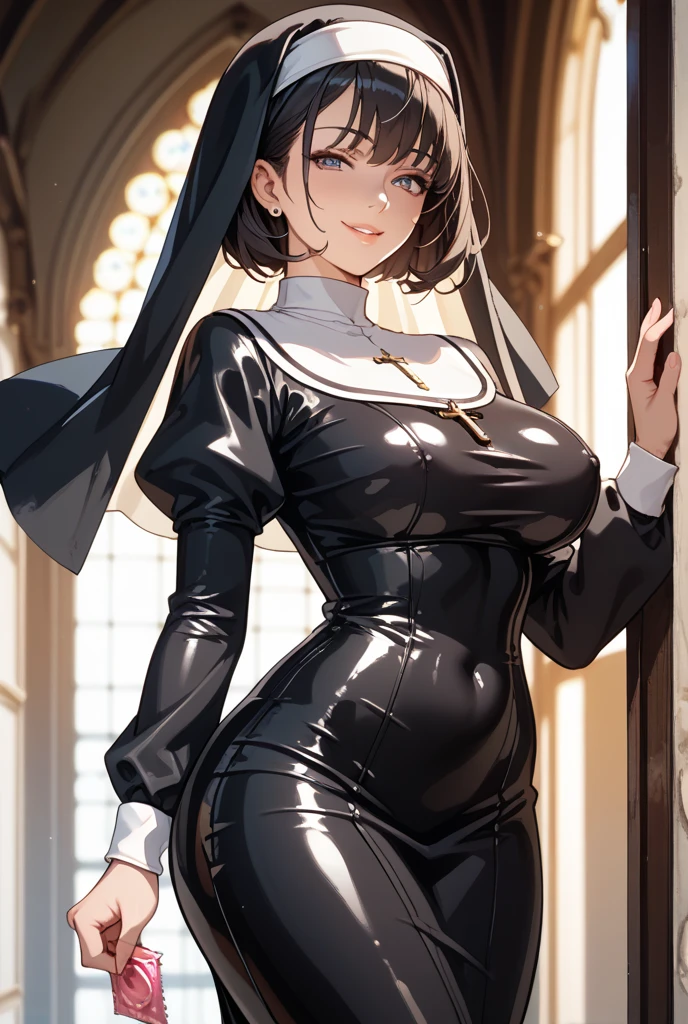 curvy brunette nun in latex uniform smiles seductively and looks into the camera, high resolution, monastery, semi-dark cell, best quality, masterpiece