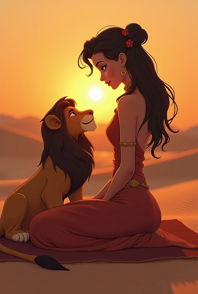 Create a Disney Pixar style girl , she is next to a lion, This is a black woman with long curly hair