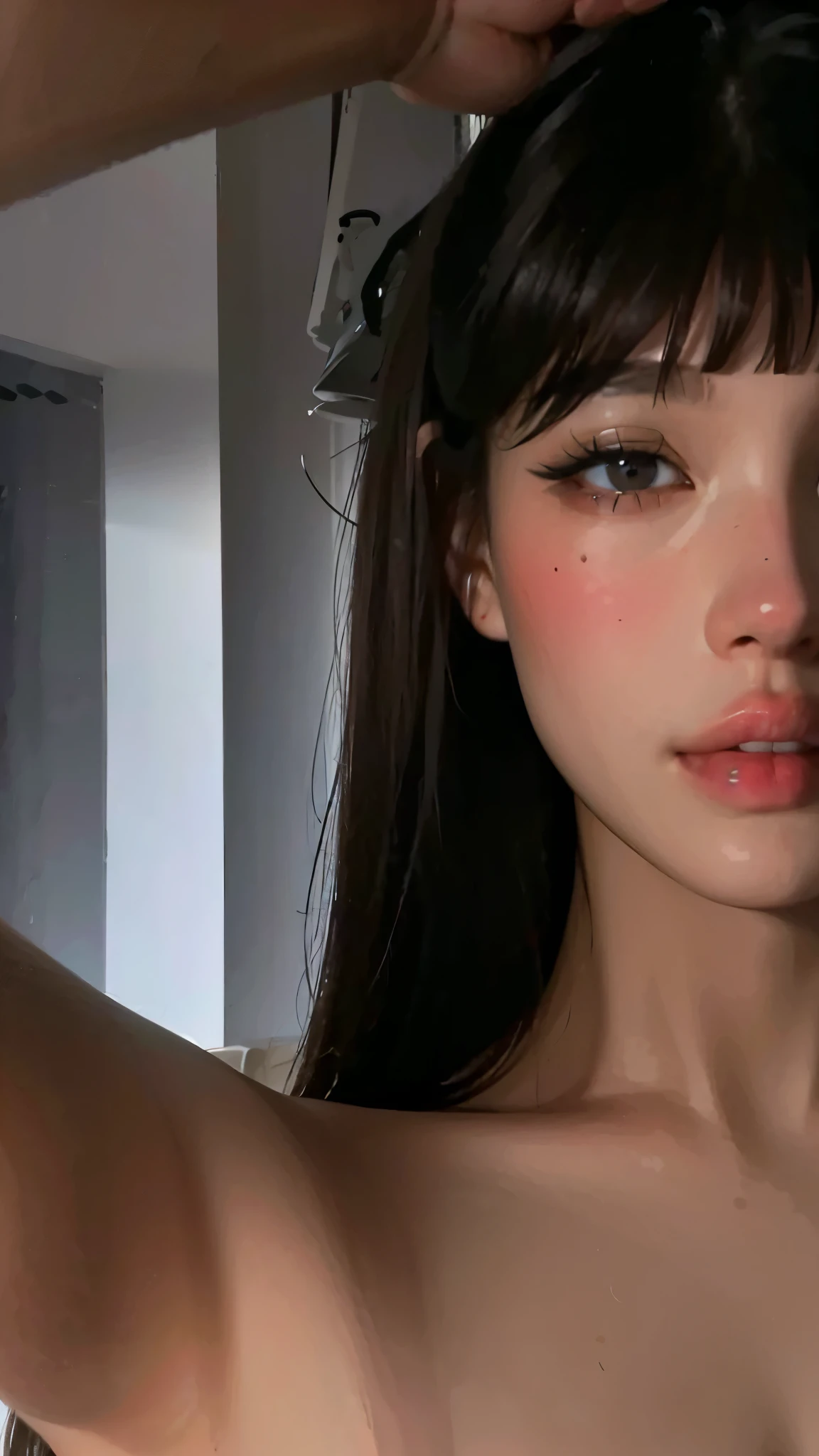 brown eyes, long dark hair, big tits, Camera View Viewpoint、Smartphones held up、Shooting women with smartphone videos、Fantasy, 1 , cottage, Human, Big breasts, Navel, ,(masutepiece, Best Quality), sidelightning, ,Beautiful detailed eyes, lyin in bed, eyes rolled over, Tongue out, cum in tongue, Crazy, Intense SEX、cum shots、Cam Shot、Crying face、Seeding press、Open mouth, Screaming, Ahegao, Heavy breathing, blush, Sweat, Multicolor Hair, Hair bun, Shiny Pink Blazer