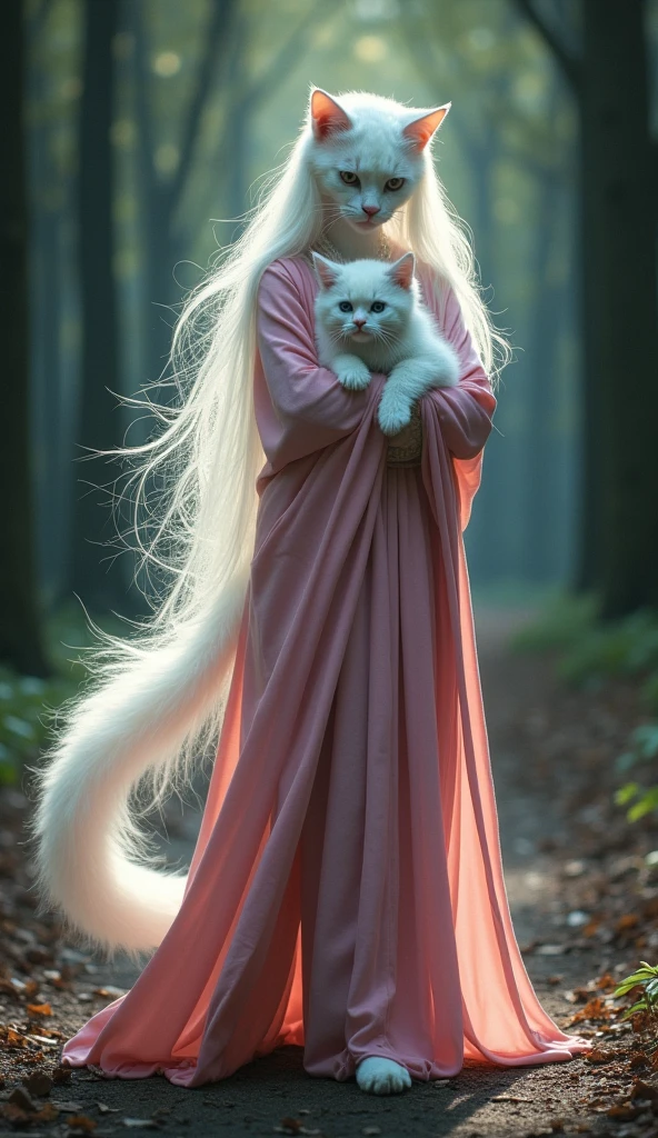 Illustrations of a girl with long curly brown hair with blue eyes, dancing in the woods with his gray fold cat with brown eyes