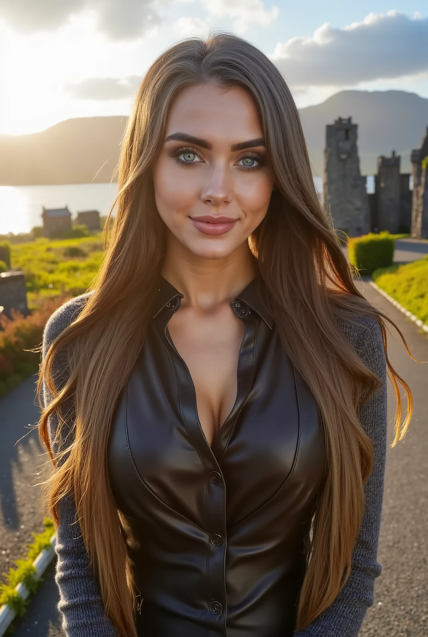 a gorgeous European woman, straight hair in the wind. she's a men magazine model, She has a subtle smile and flirts with the camera, (she wears leather shirt), (with a long wool sweater and pvc leggings:1.2),background landscape of Scotland Loch and Scottish castle ruins, (in sunset light:1.2),