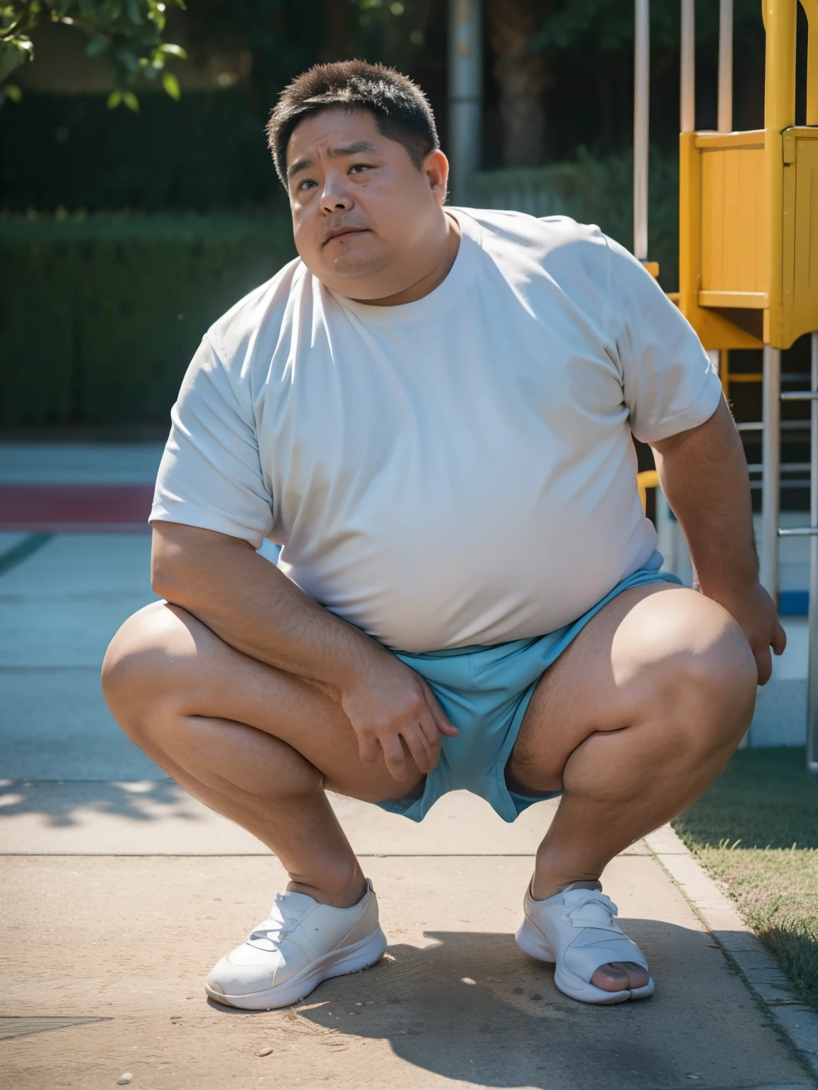 Thick Japan middle-aged man in his 50s, 1man, retarded, Human, Dwarfism, He wears a Light blue Hotpants, Bare thighs, ((peeing self, wetting self, pee stains,)), ((trembling, fear expression, scared, looking at viewer)), kindergarten background, It's a sunny day, Incontinence, He stand and cried in playground, Full body, a picture, 8k, high detail photo, Masterpiece, 