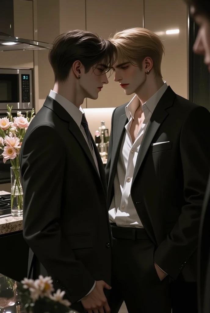 masterpiece, highest quality, two men, adult, in a tailcoat and cloak, Kiss on the neck, tall muscular, Handsome and delicate eyes, intricate details, clear water, Moonlight night, smile, beautiful, romantic, dream-like