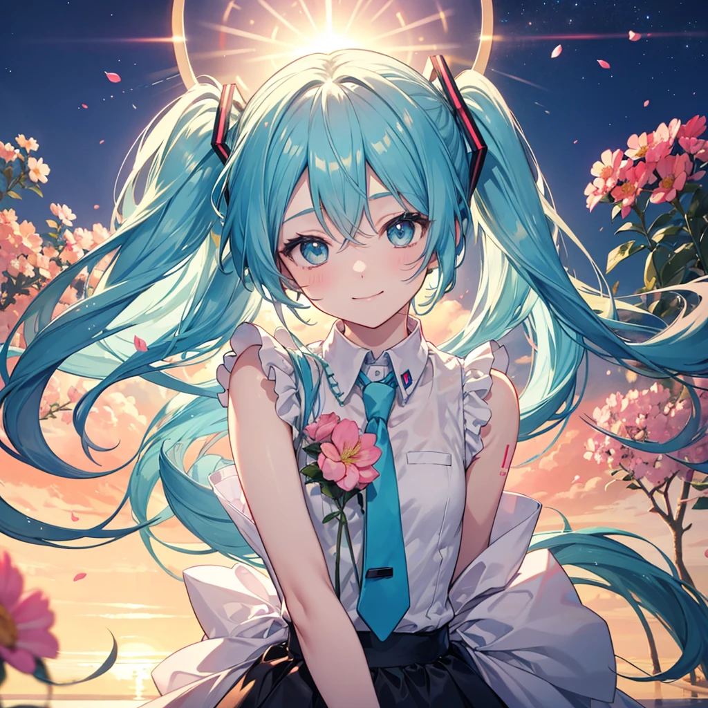 (masterpiece、highest quality、highest quality、Official Art、Beautiful and beautiful:1.2)、(One girl:1.3)Hatsune Miku、Twin tails,Beautiful breasts,award winning Digital Art, Half-body portrait of a beautiful woman in Tang Dynasty costume, Move your head、Long, flowing hair in an azure, turquoise hairstyle, Big smile, Sparklingした目, sexy, In the flower field, Golden sunset, Particles Dust, Sparkling, Paint splashes, Splash, Overtake, Vaporware, Shaded flat illustration, Digital Art, Trending on Art Station, Very detailed, The finer details, complicated