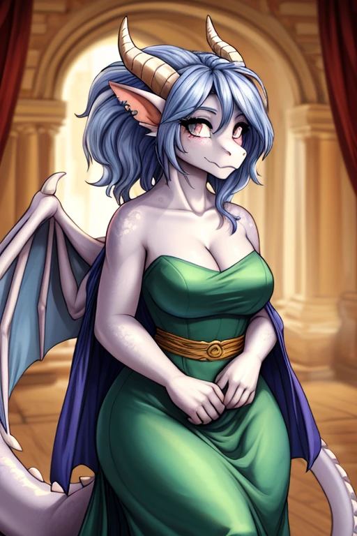 Dragon Girl, purple hair, (Beige dragon horns), Cyan eyes, scale, paws with claws, Orange spread wings, orange ponytail with purple hair at the tip, anthro, Average Breasts, dragon head, Hairstyle high, in full height, tongue sticking out, adult body, Female genitals, Ornaments, a gold, Gold Chains, Silk, Hall of the Medieval Palace, Huge Harp, plays the harp, Greek style, Light white dress,