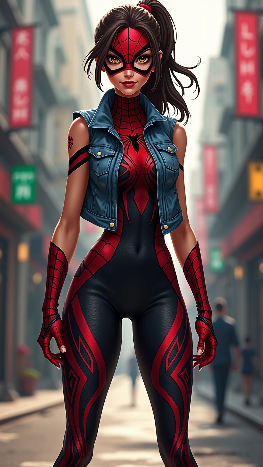 Comic book style, full body view. A female superhero with her suit that's inspired by Spider-Girl. She's also wearing a sleeveless denim vest. Her hair is dark brown in a shape of her ponytail. For her torso part of the suit, it's dark red and black with red web designs. For her thighs from her suit, it's red. For her footwear, it's like Spider-Girl's, but the same dark red and black with red webbing design. Her mask is dark red with the lenses colored amber, and still got the red webbing design.