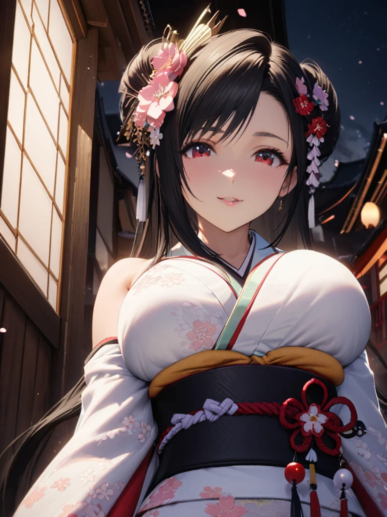 Highest quality, Super quality, 16K, Incredibly absurd, Very detailed, delicate and dynamic, SFW, Natural light, Fine particles reflect rainbow colors, Diffuse reflection of light, Vortex of Light, たくさんのcherry blossoms色の花びらが舞い降りる, Kyoto, Gion, night, Crescent Moon, Create amazing image effects, Upper body close-up, (, cute sexy girl, big busts, Sensual expression, peacefulness, Elegant, Charm, lure, geisha, hair ornaments, cherry blossoms, Flower storm, black long hair, Japanese traditional kimono, Tifa Lockhart Final Fantasy VII)